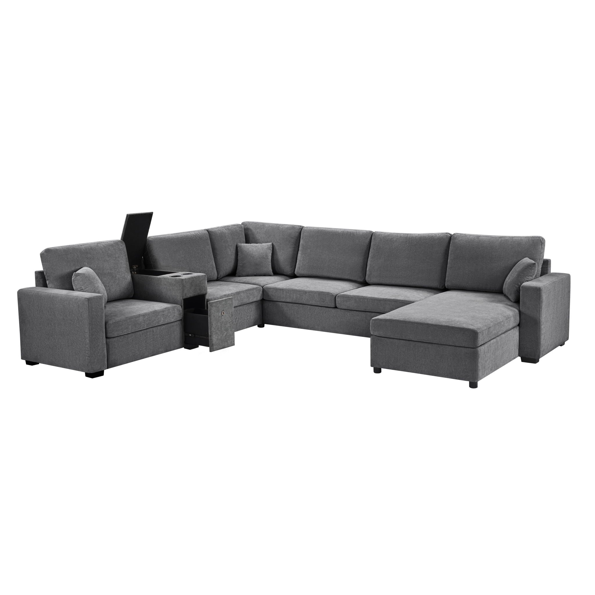 Modular 5 Seat U-Shape Sectional Sofa With Chaise Lounge, Built In Cup Holders And Storage Drawer