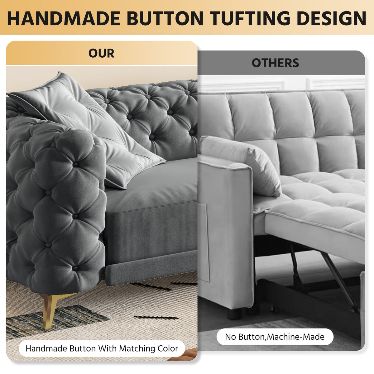 3 In 1 Convertible Sleeper, Deep Seat Pull Out Sofa Bed, Button Tufted