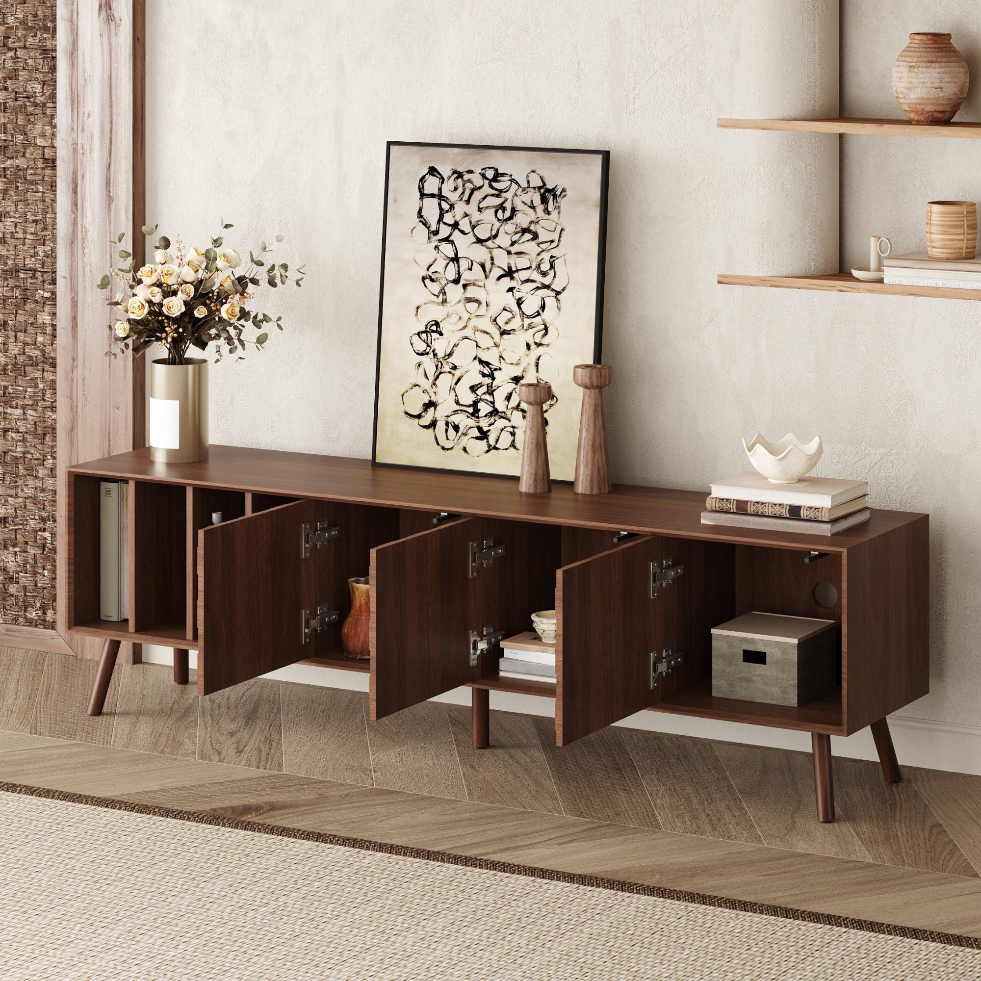 TV Stand With 5 Legs, Media Console Table For Tvs Up To 75" - Walnut