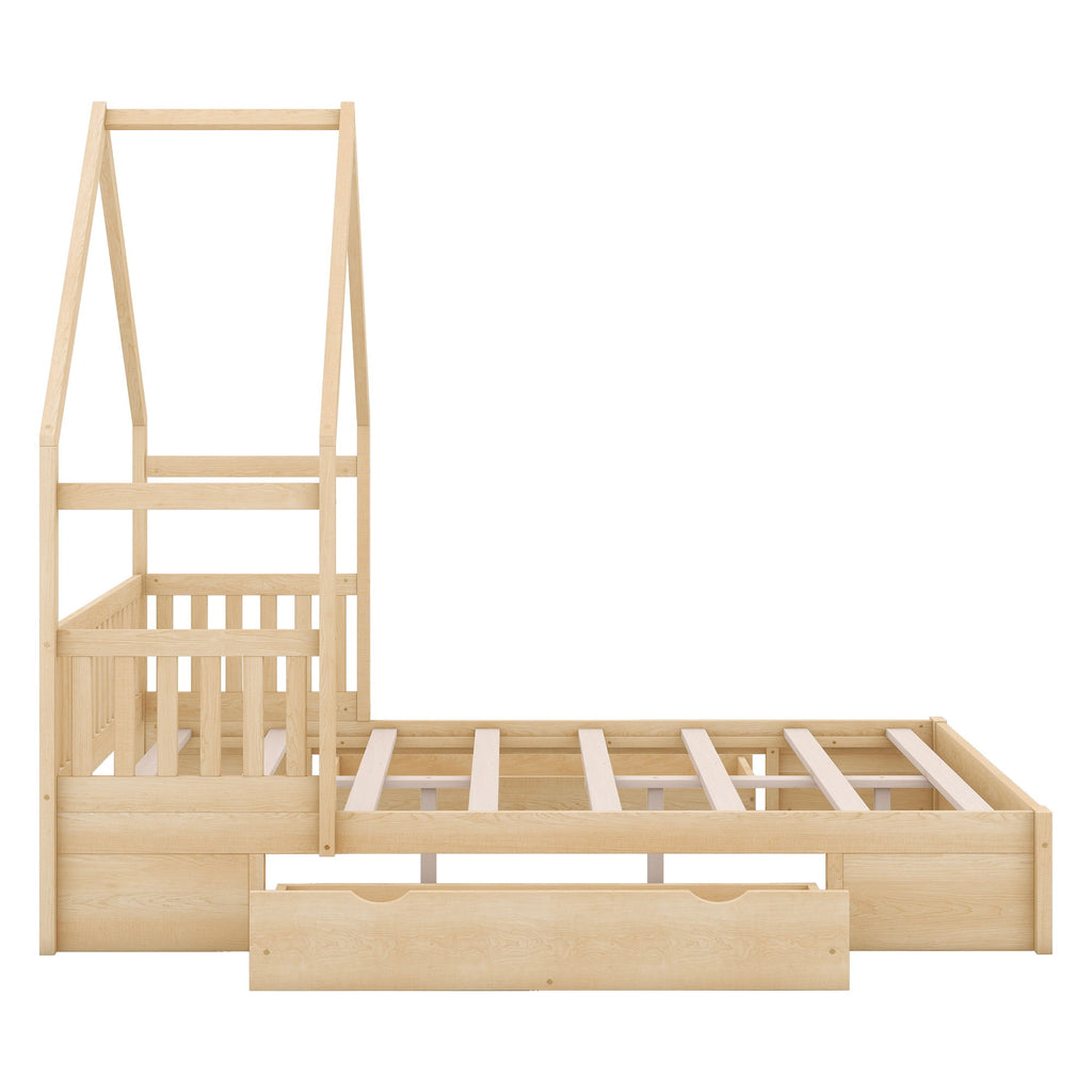 House Style Platform Bed With Guardrail And 2 Drawers