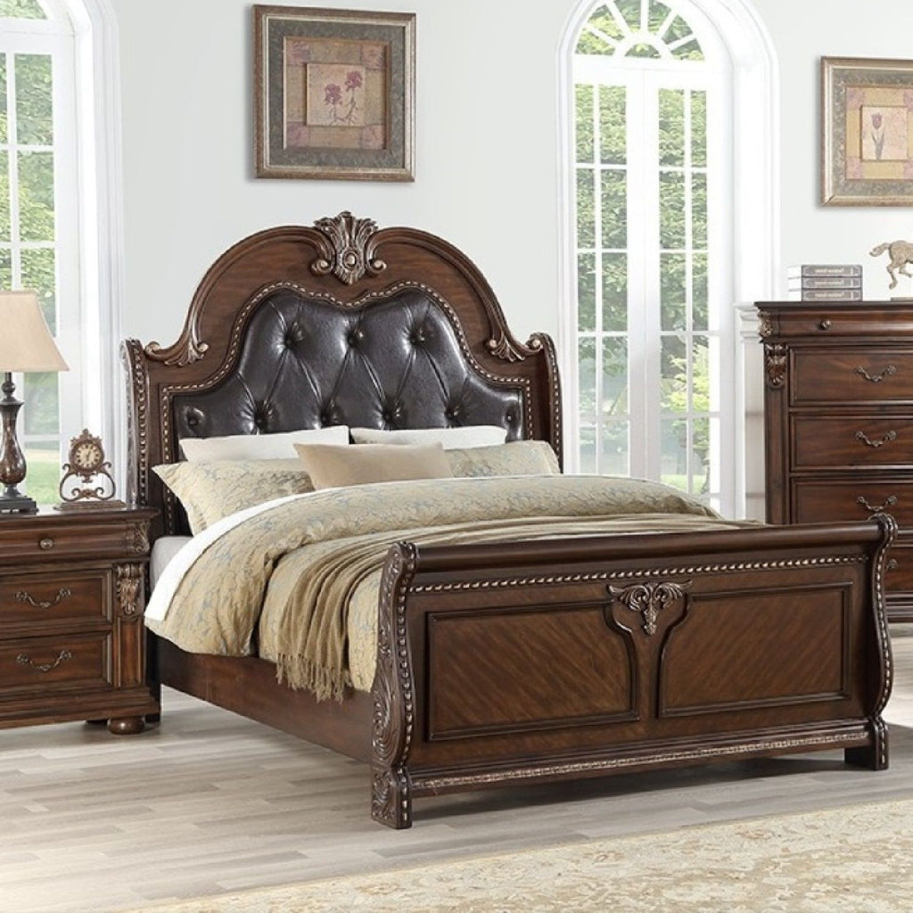 Bed & Carved Padded And Button Tufted Headboard