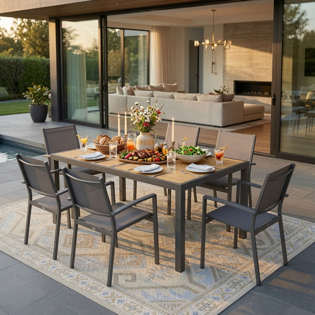 7 Piece Gray Patio Dining Set With Hdps Table And Textilene Chairs For Outdoor Use, Metal Furniture