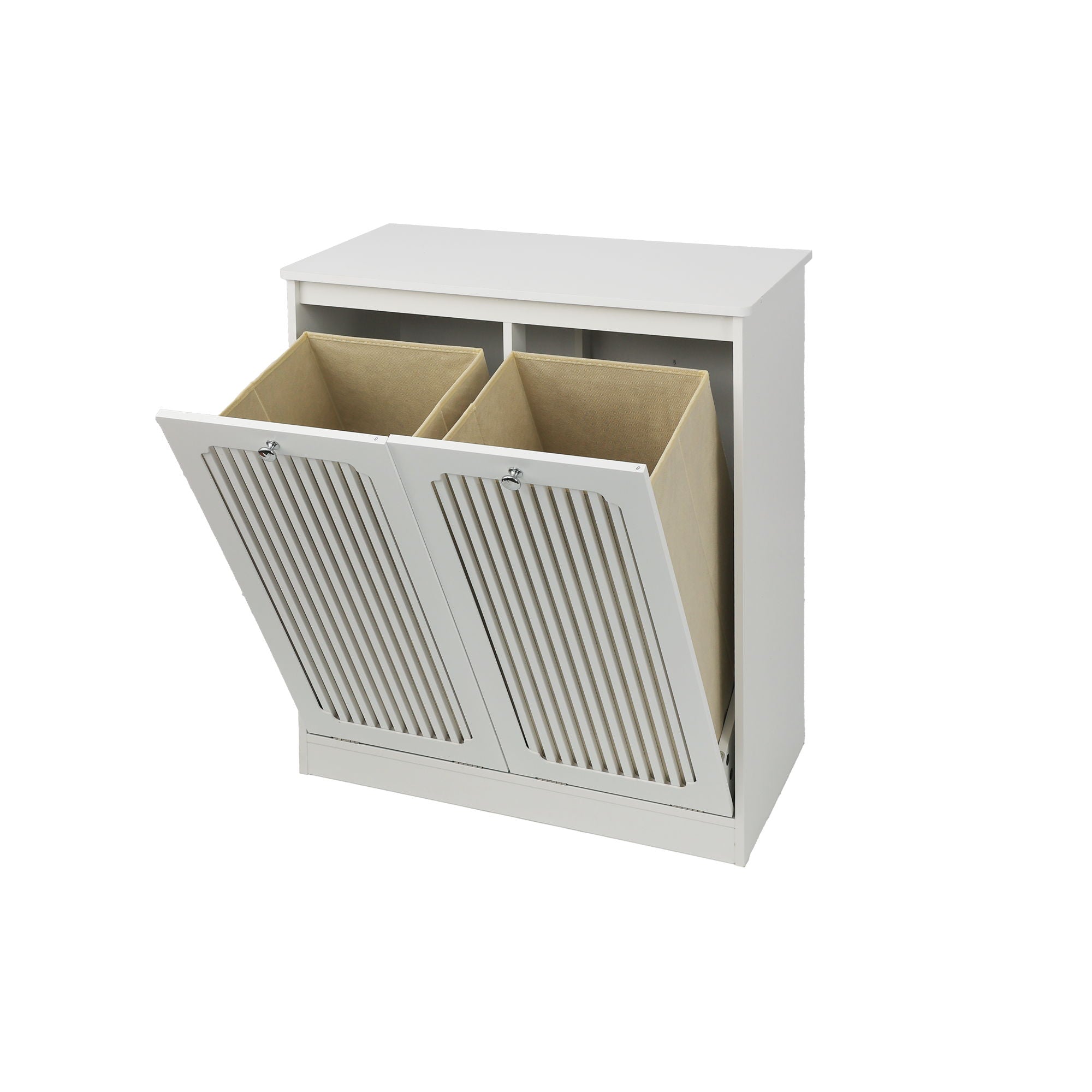 Louvered Flip Top Laundry Cabinet With Dual Fabric Baskets - White