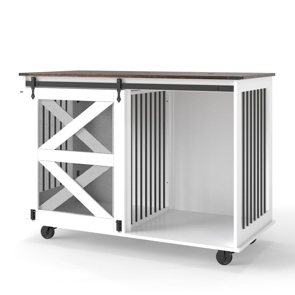 Mobile Dog Crate With Flip Top Feeding Door, Dual Access & 5 Caster System (2 Locking) - Brown White