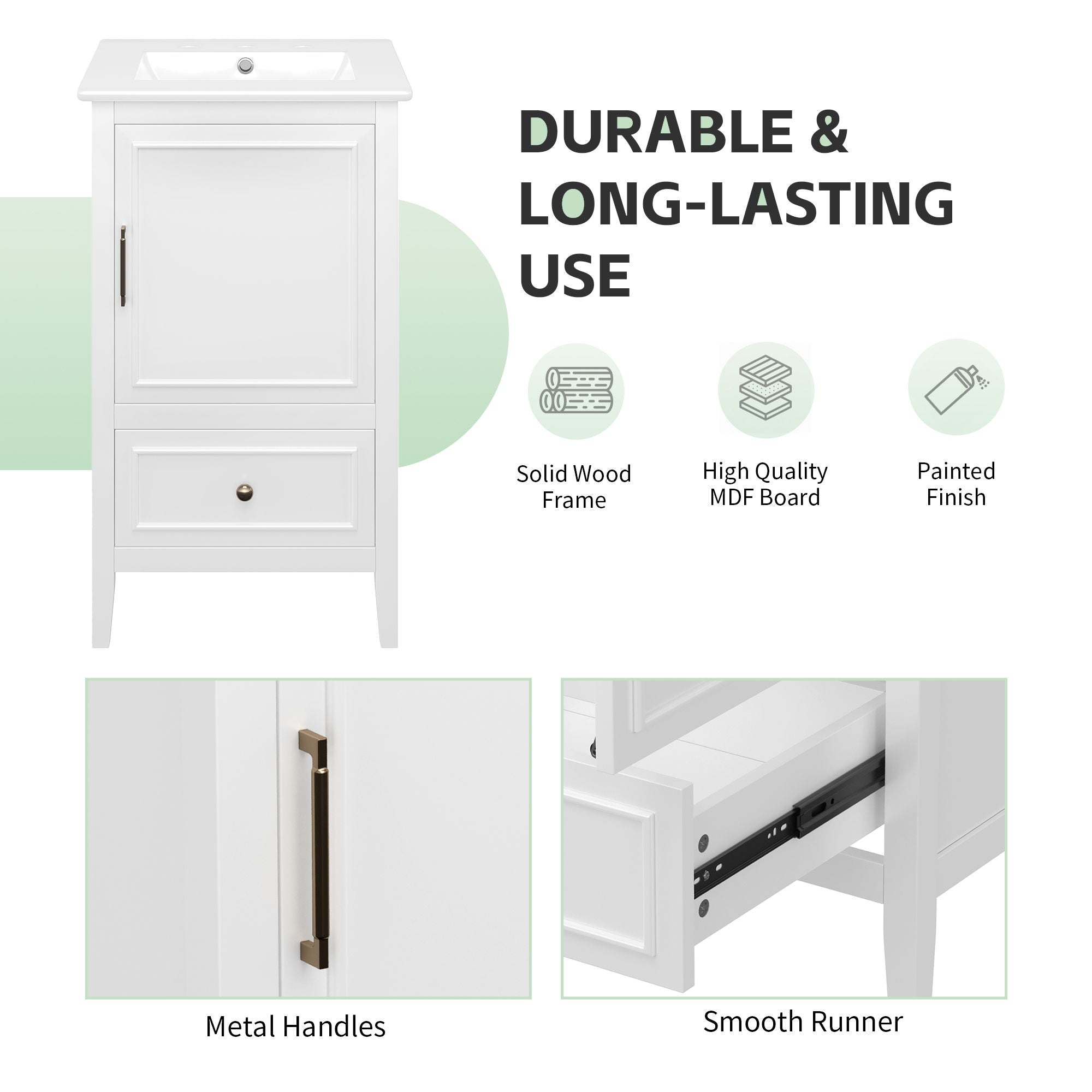 Bathroom Vanity With Sink, Adjustable Feet, 1 Drawer And Door Shelf Storage - White