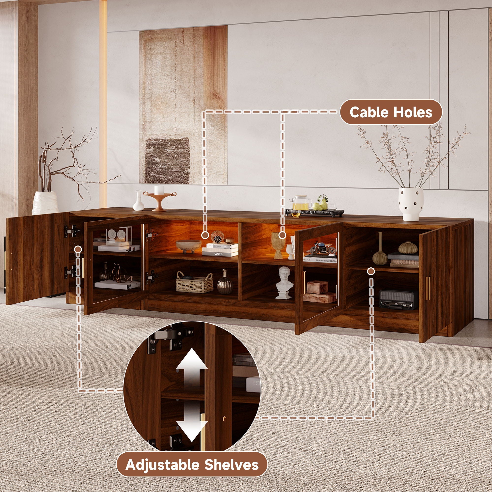 TV Stand, Media Console With Glass Doors And LED Lights, Adjustable Shelf Storage - Walnut