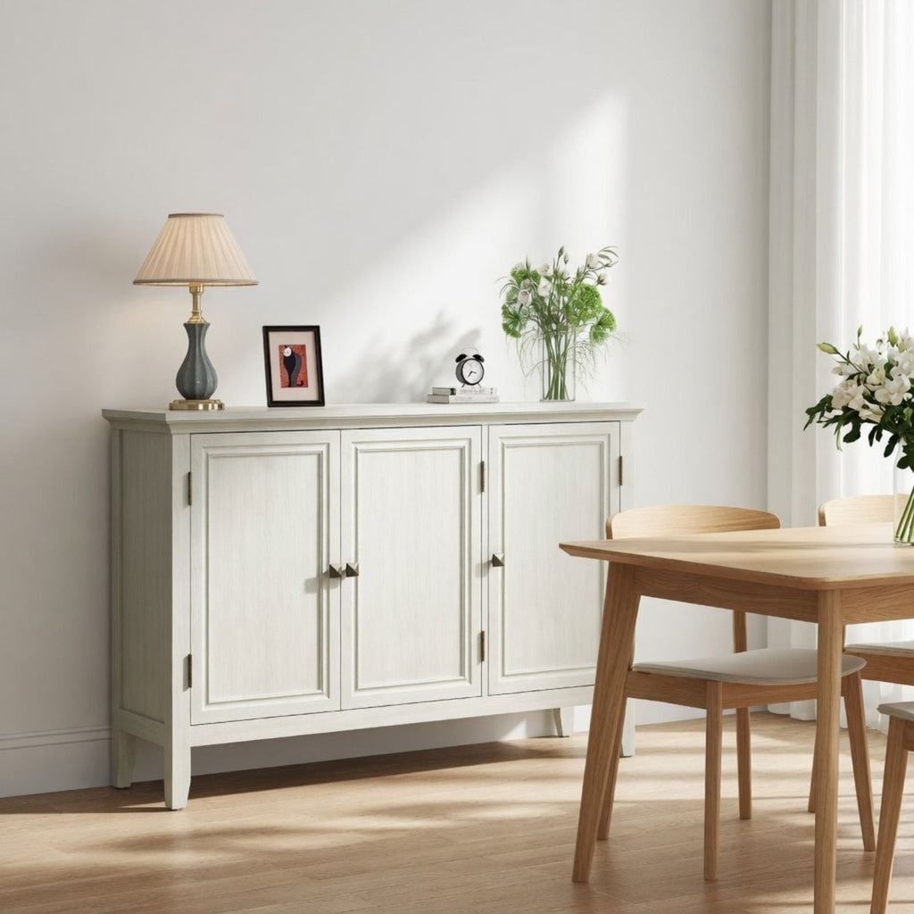 3 Door Buffet Cabinet With Adjustable Shelves - Matte White / Grayish