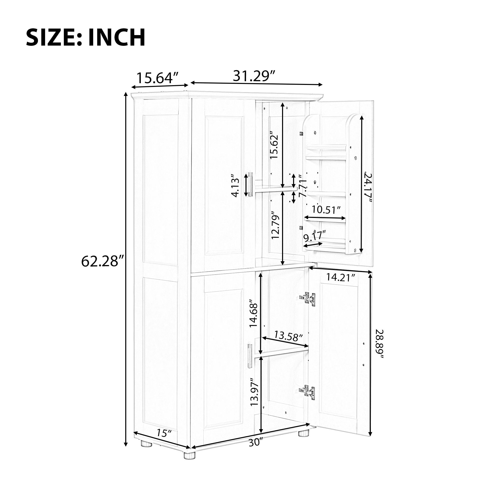 Tall And Wide Bathroom Floor Storage Cabinet With 4 Doors, Adjustable Shelves - White