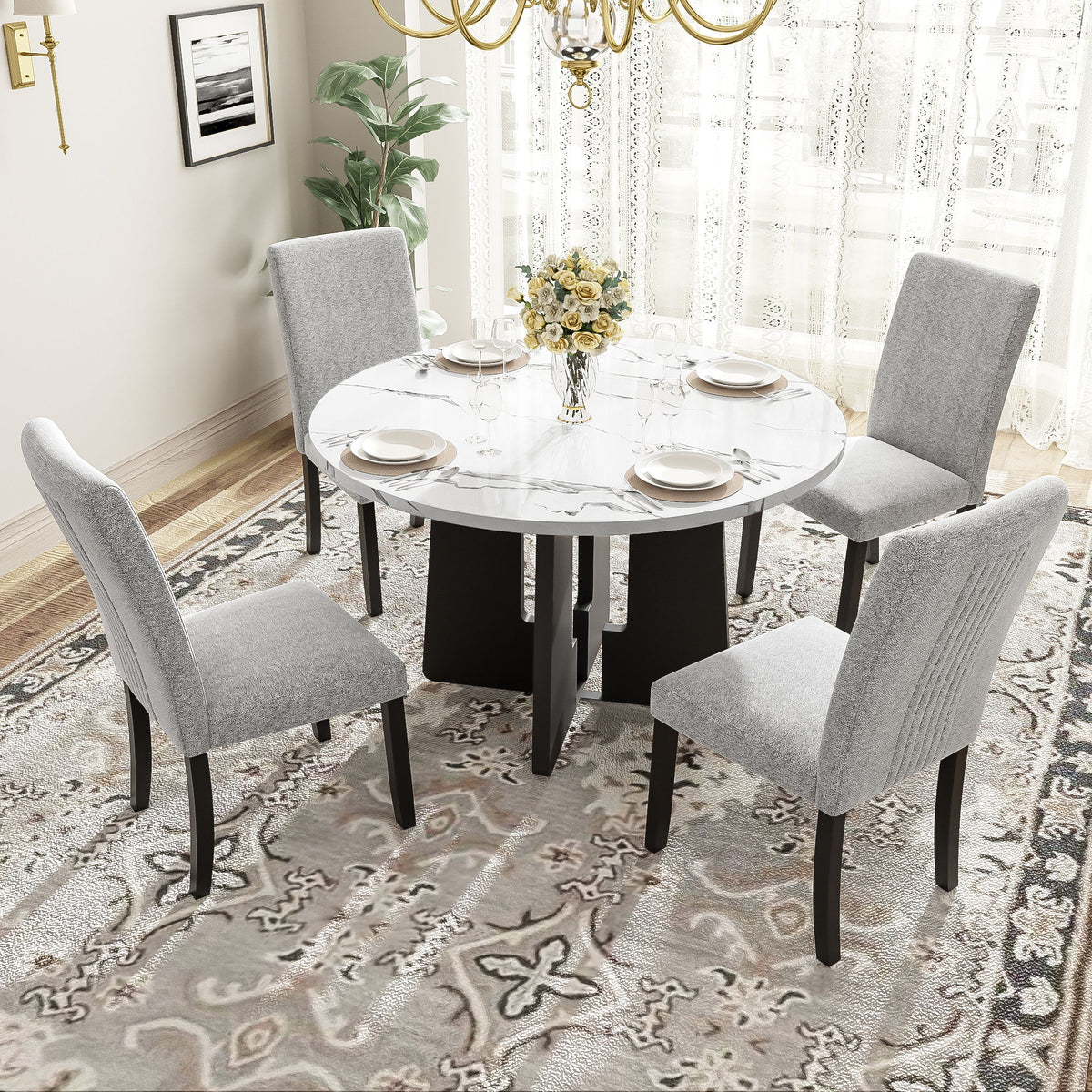 5 Piece Round Dining Table Set, Dining Table And 4 Upholstered Chairs For Dining Room, Kitchen Room, Living Room - White / Gray