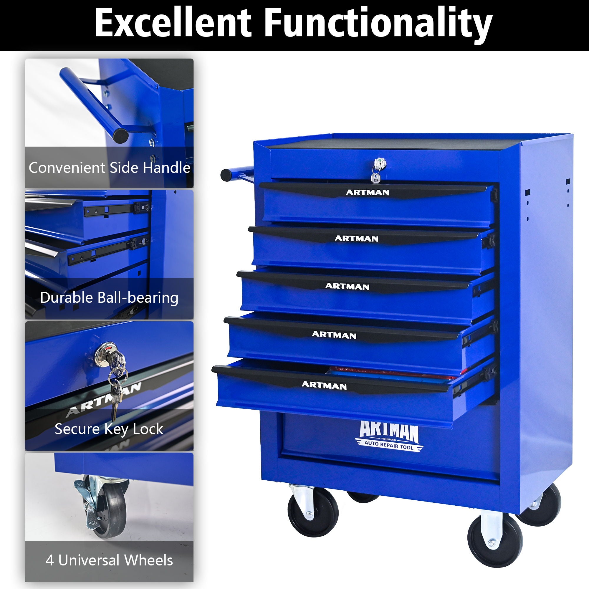 Rolling Metal Tool Chest With Drawers, Steel Storage Cabinet With Ball Bearing Slides