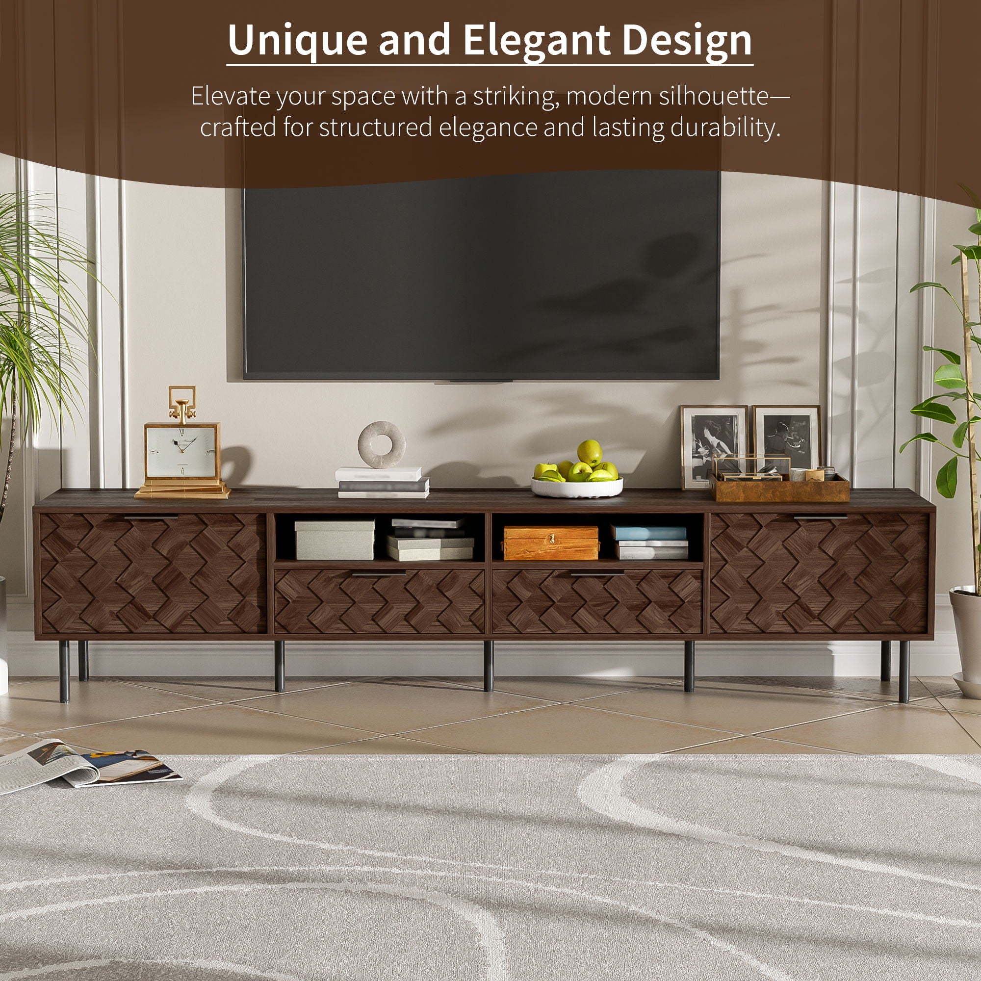 TV Stand For TVs Up To 85" With Closed Storage, Soft Closing Hinges, Living Room Entertainment Center - Walnut