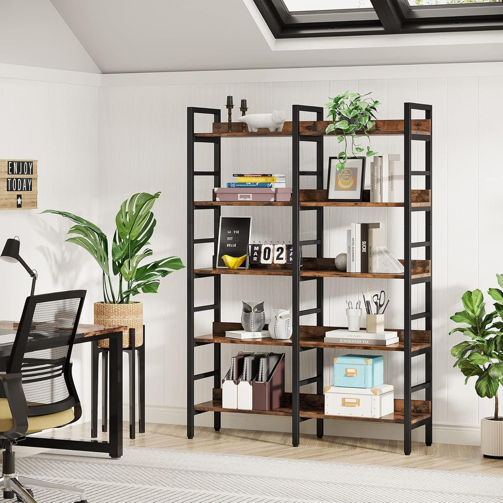 5 Tier Double Wide Bookshelf For Living Room - Rustic Brown