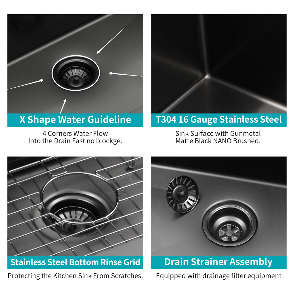 Topmount 16G Stainless Steel Kitchen Sink Deep Single Bowl - Gunmetal Black