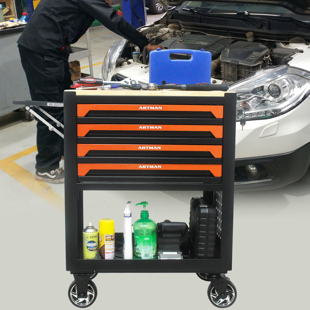 4 Drawers Multifunctional Tool Cart With Wheels And Wooden Top - Orange