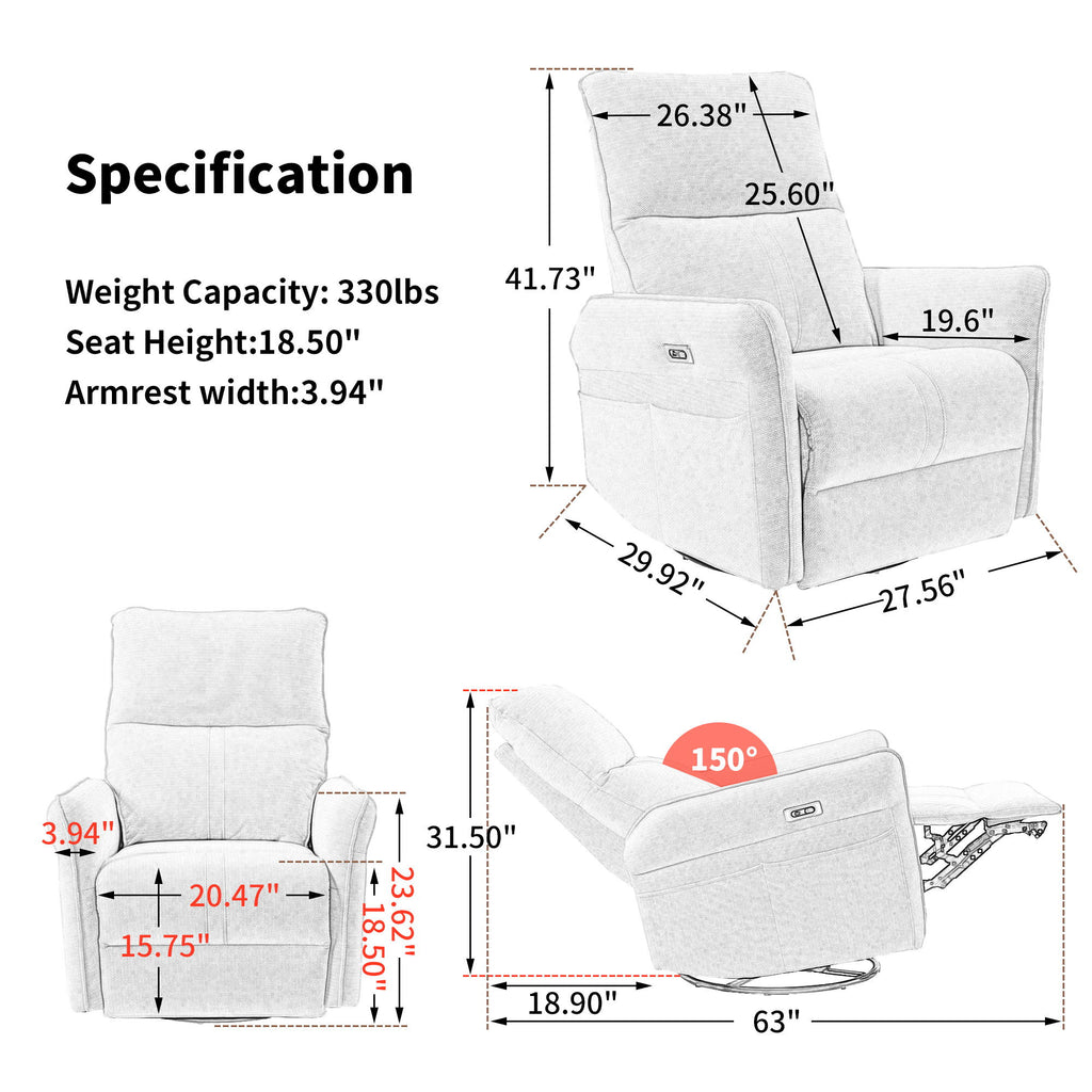 Power Swivel Rocker Recliner Chair, 270° Swivel Rocking Recliner Chair, Electric Small Recliners For Small Spaces, Single Sofa Recliner For Living Room - Blue / Gray