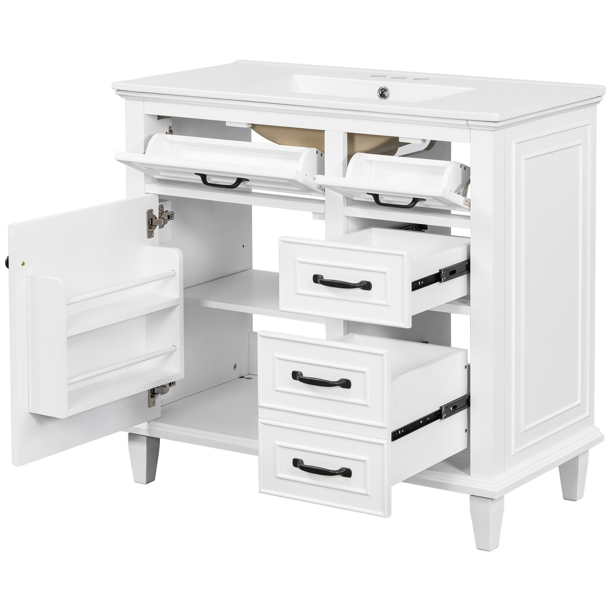 Modern Bathroom Vanity With Sink Top, Flip Drawers, Adjustable Shelf