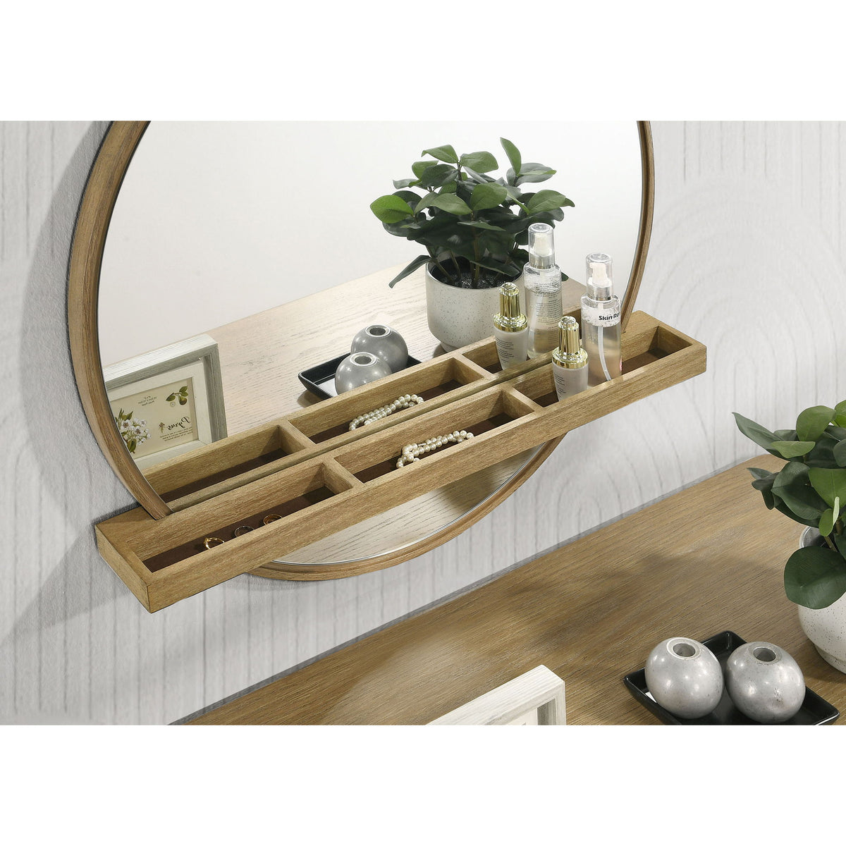 Benson - Round Vanity Wall Mirror With Shelf - Sand
