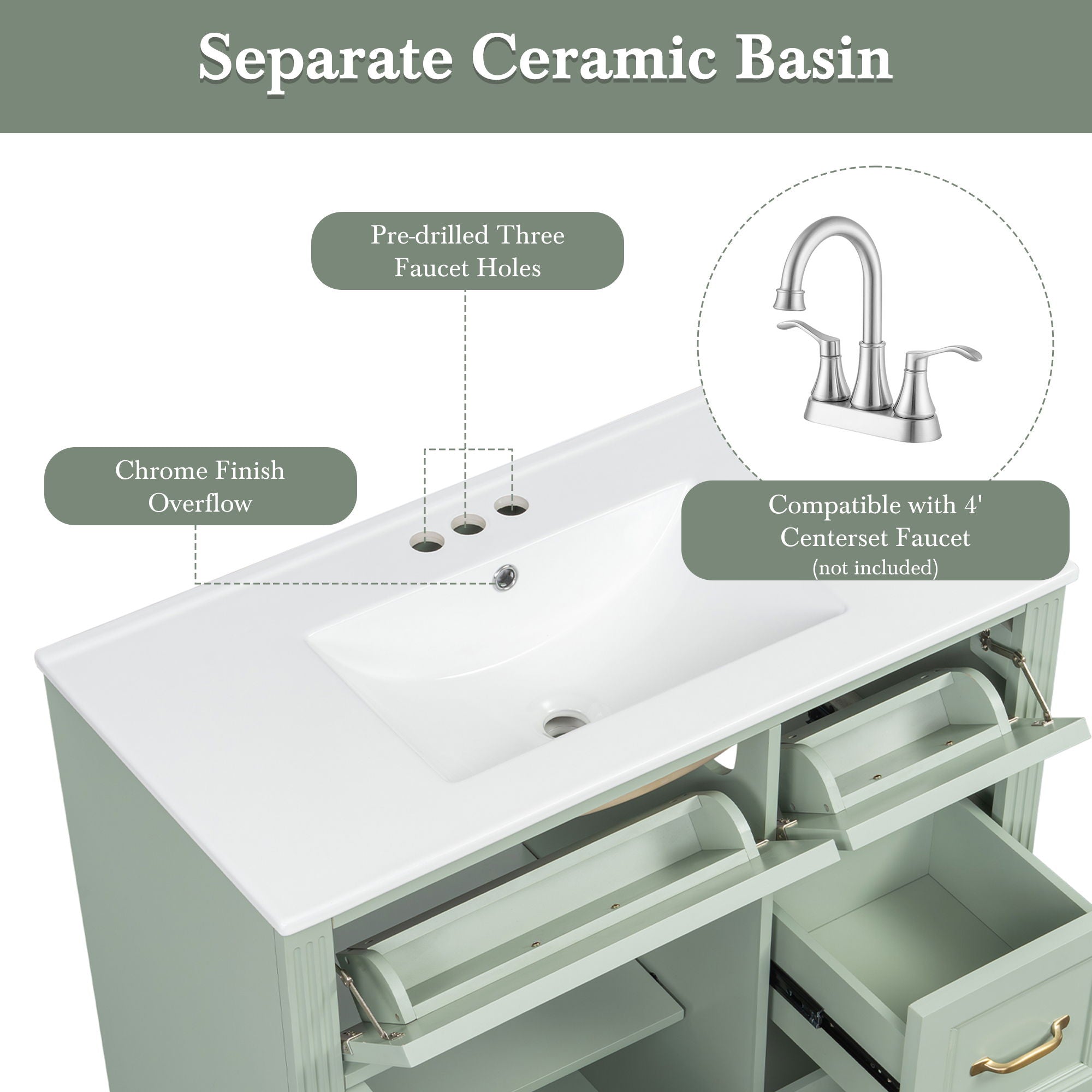 Modern Bathroom Vanity With Sink, 4 Drawers, Soft-Close Door, Adjustable Shelf