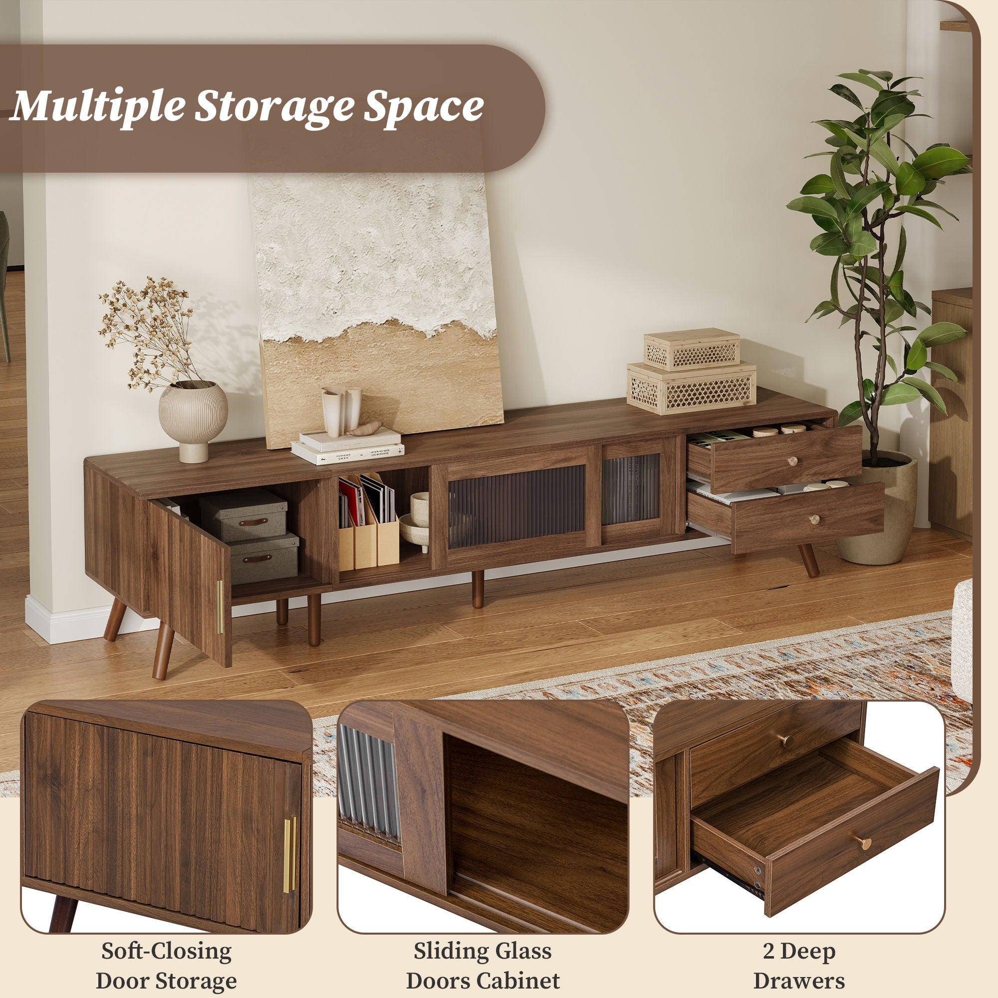 Doors TV Stand For TVs Up To 85", Entertainment Center With Storage Cabinets, TV Media Console Table For Living Room - Natural