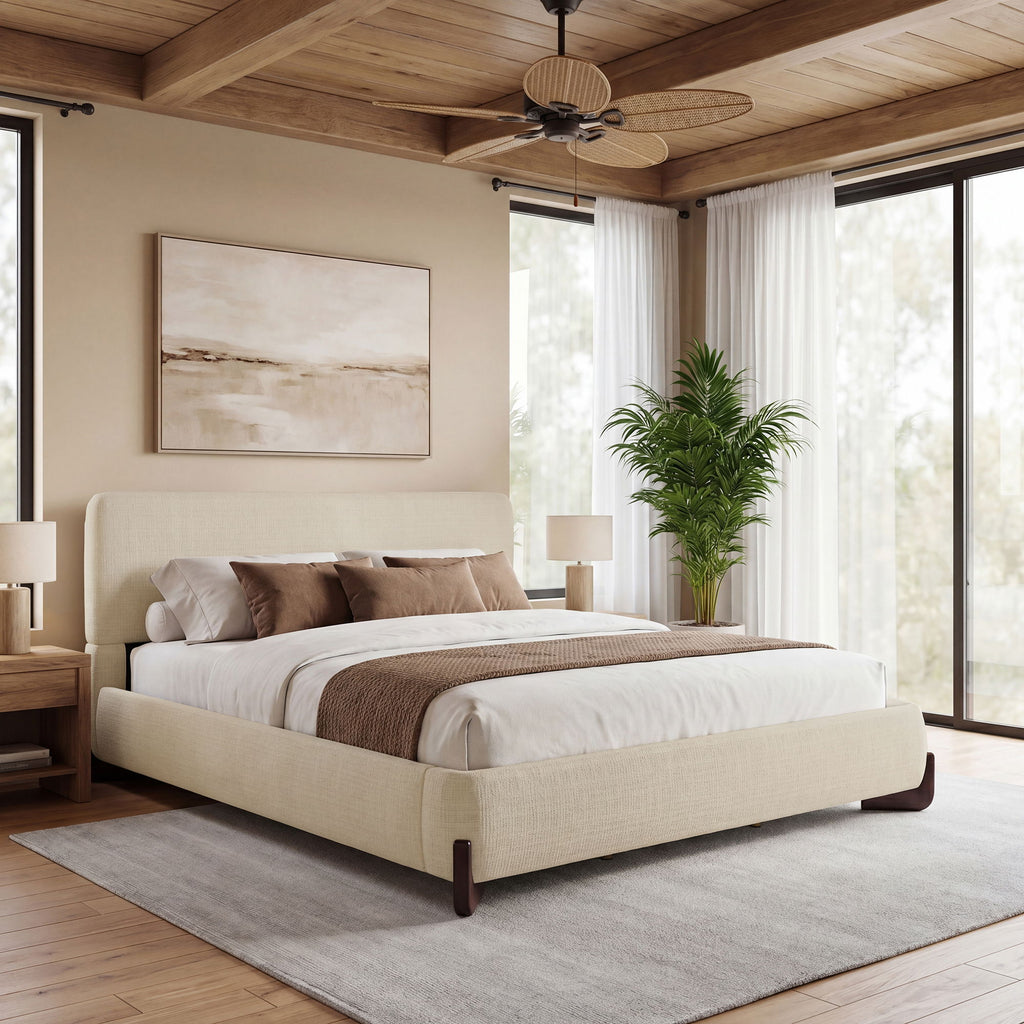 King Upholstered Bed With Slats Support - Beige