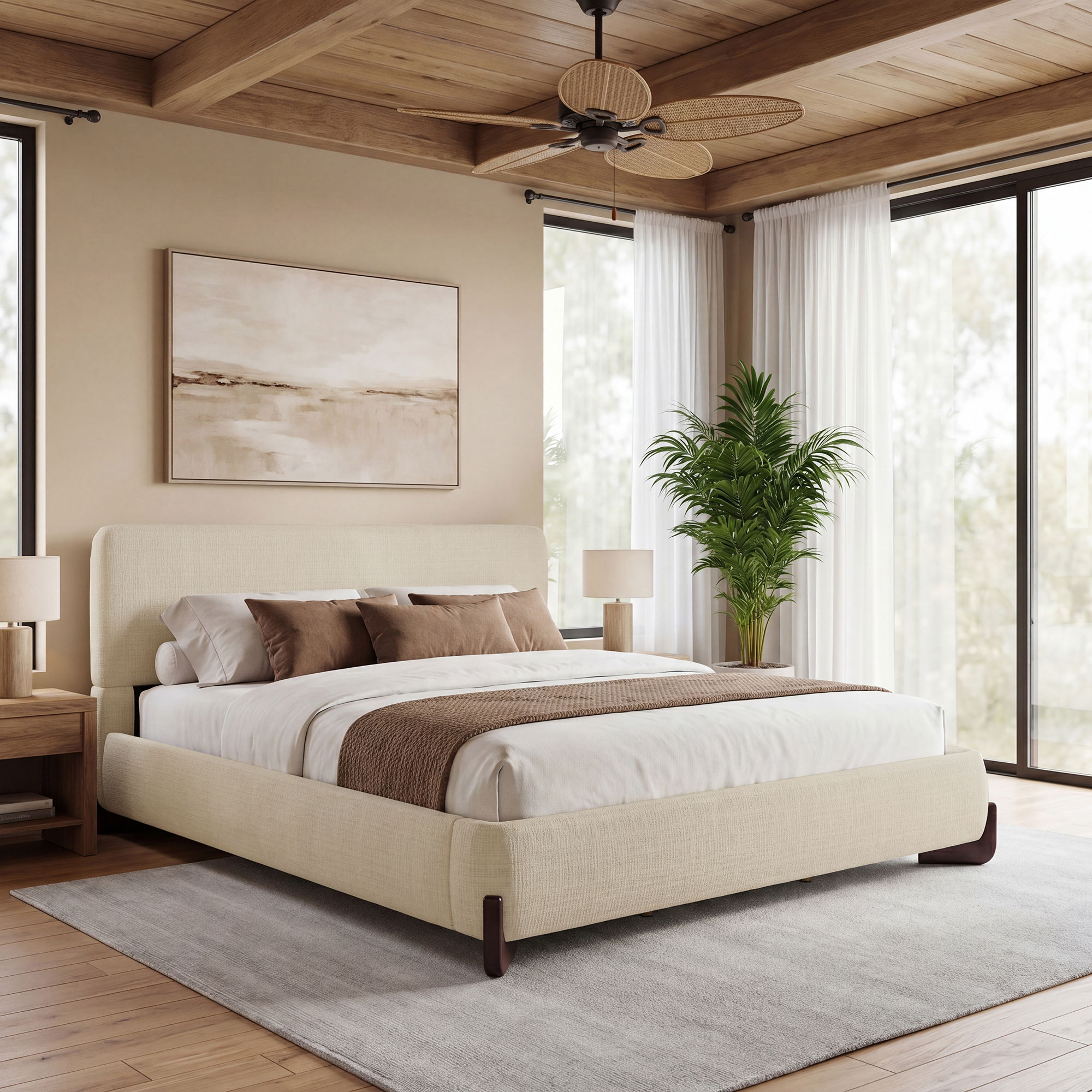 King Upholstered Bed With Slats Support - Beige