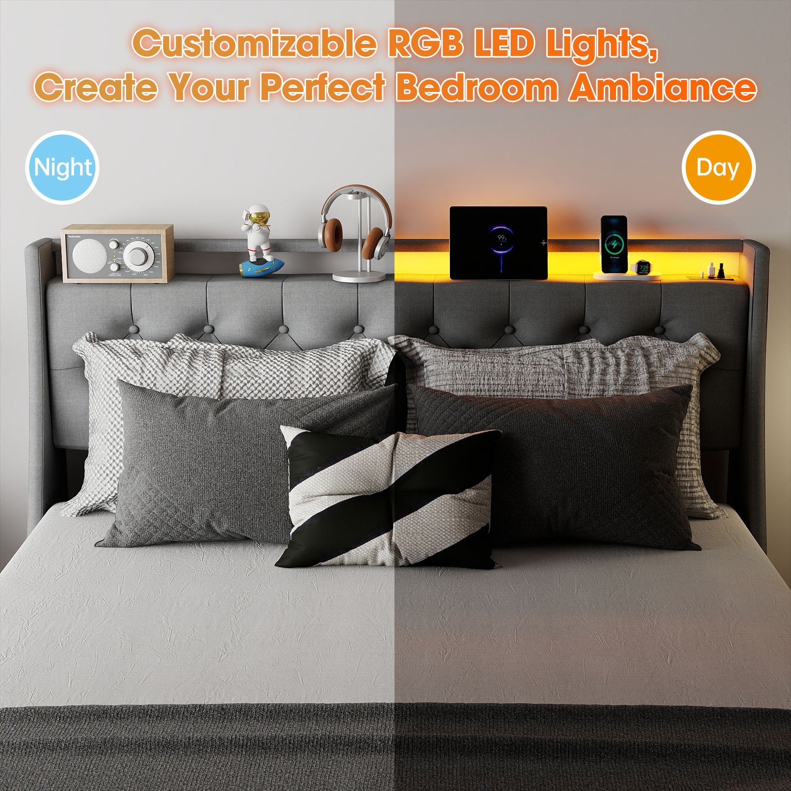 Platform Bed Frame With RGB LED Lights, Charging Station, Storage Headboard & 4 Underbed Drawers