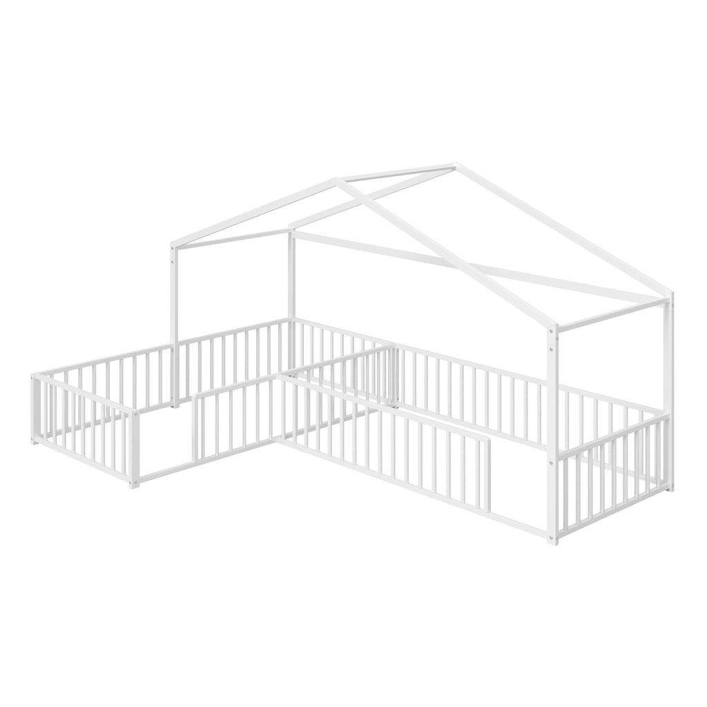 L-Shaped Montessori Bed For 2 Kids With Partitioned Fence