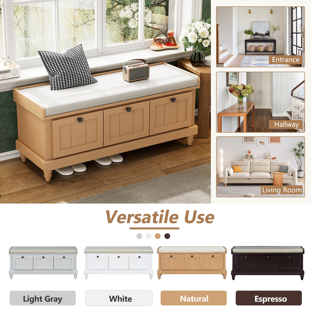 Shoe Bench With Cushion And 3 Drawers - Natural