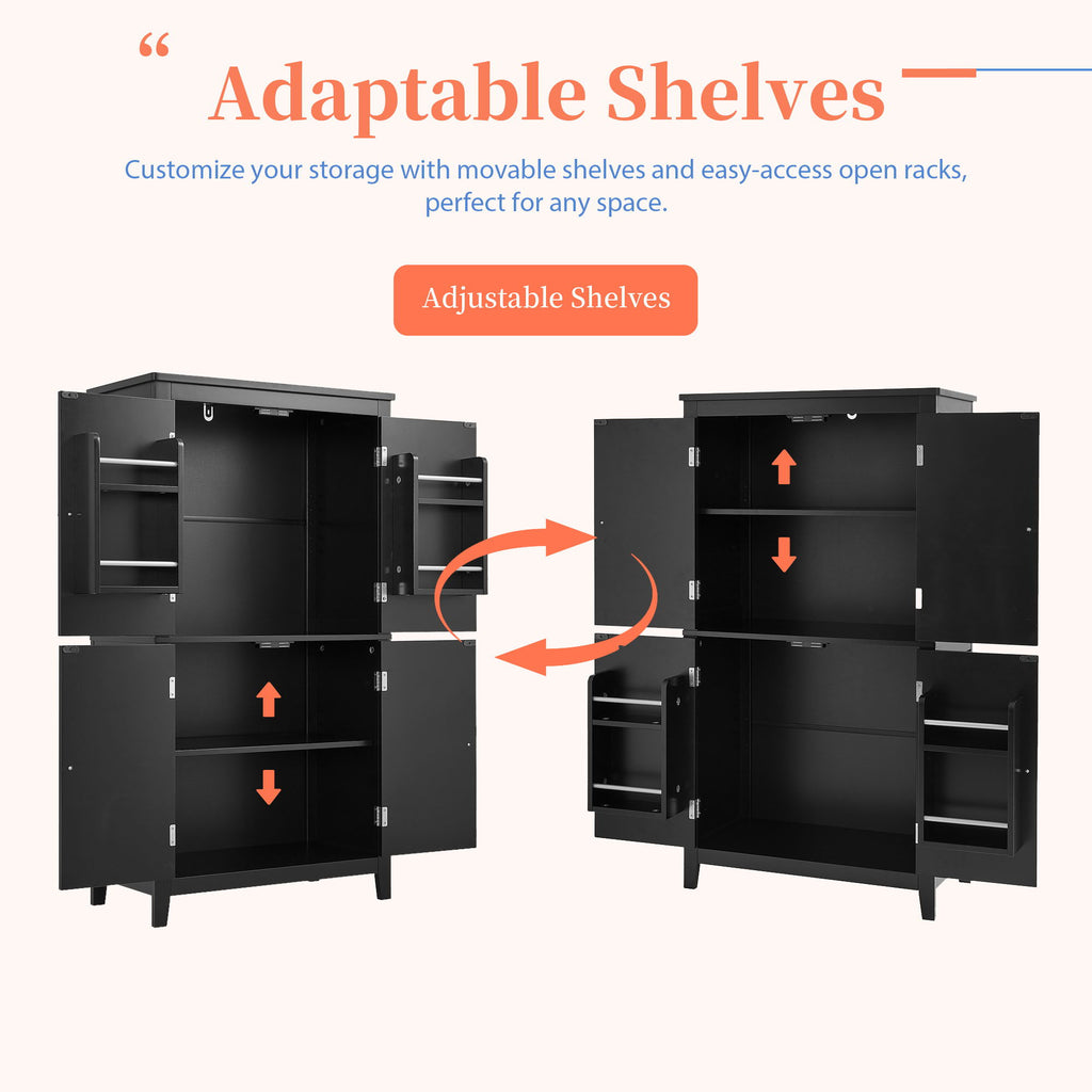 Elegant Bathroom Floor Storage Cabinet With 4 Doors, Adjustable Shelves