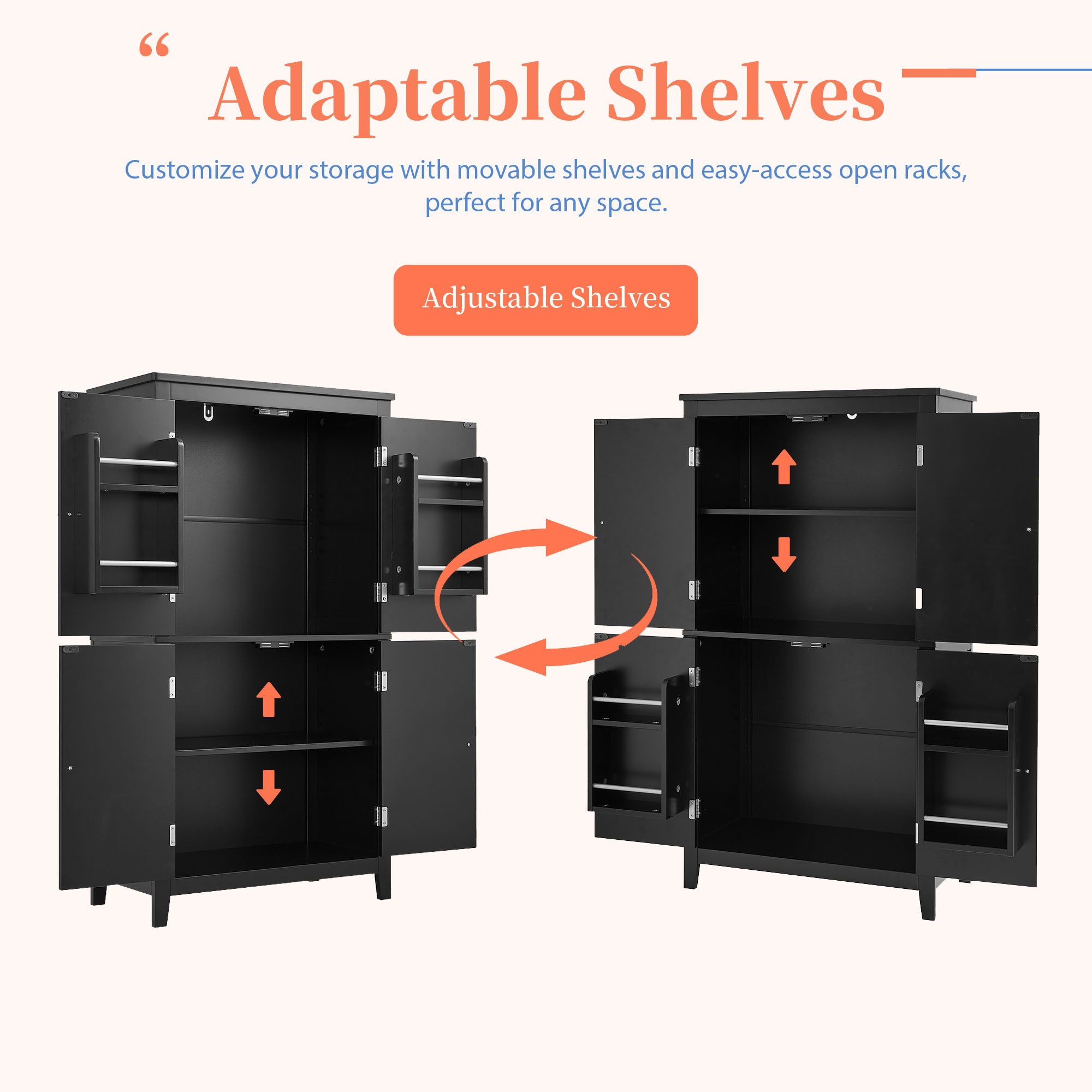 Elegant Bathroom Floor Storage Cabinet With 4 Doors, Adjustable Shelves