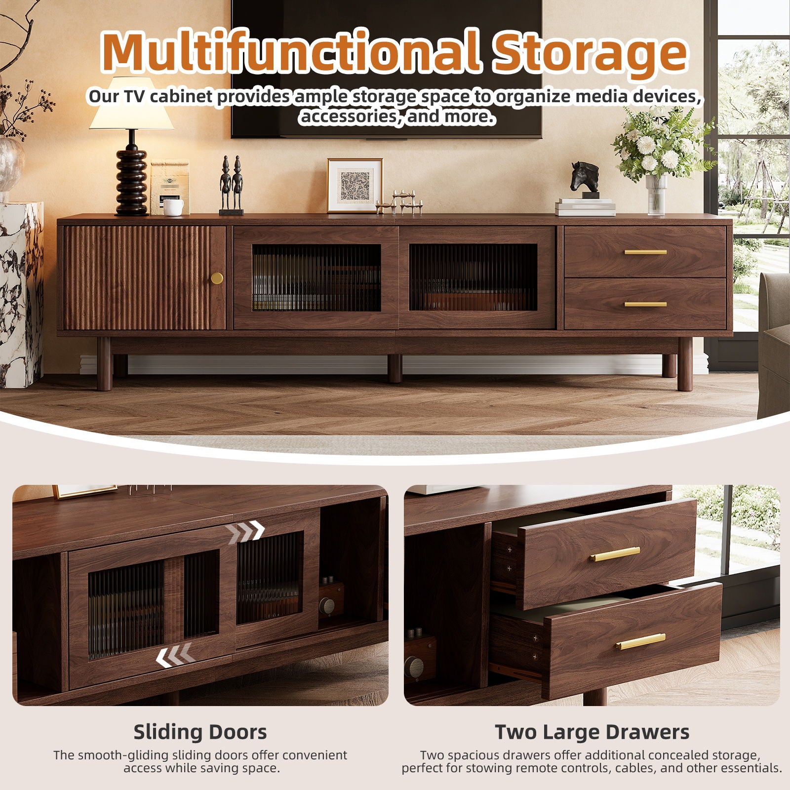 TV Stand With Sliding Doors And 2 Drawers For Living Room - Dark Brown