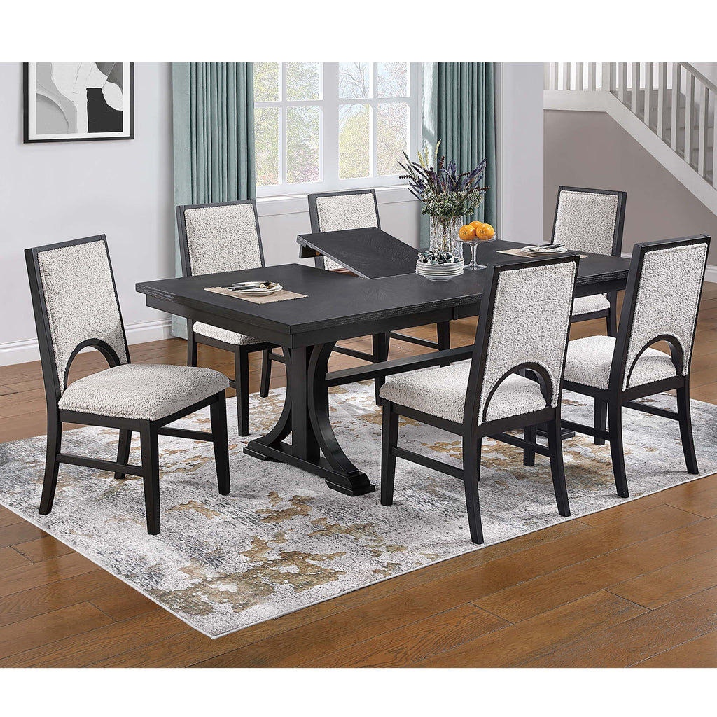 7 Piece Set, Trestle Dining Table And 6 Side Chairs With Cutout Back - Black / Charcoal / White
