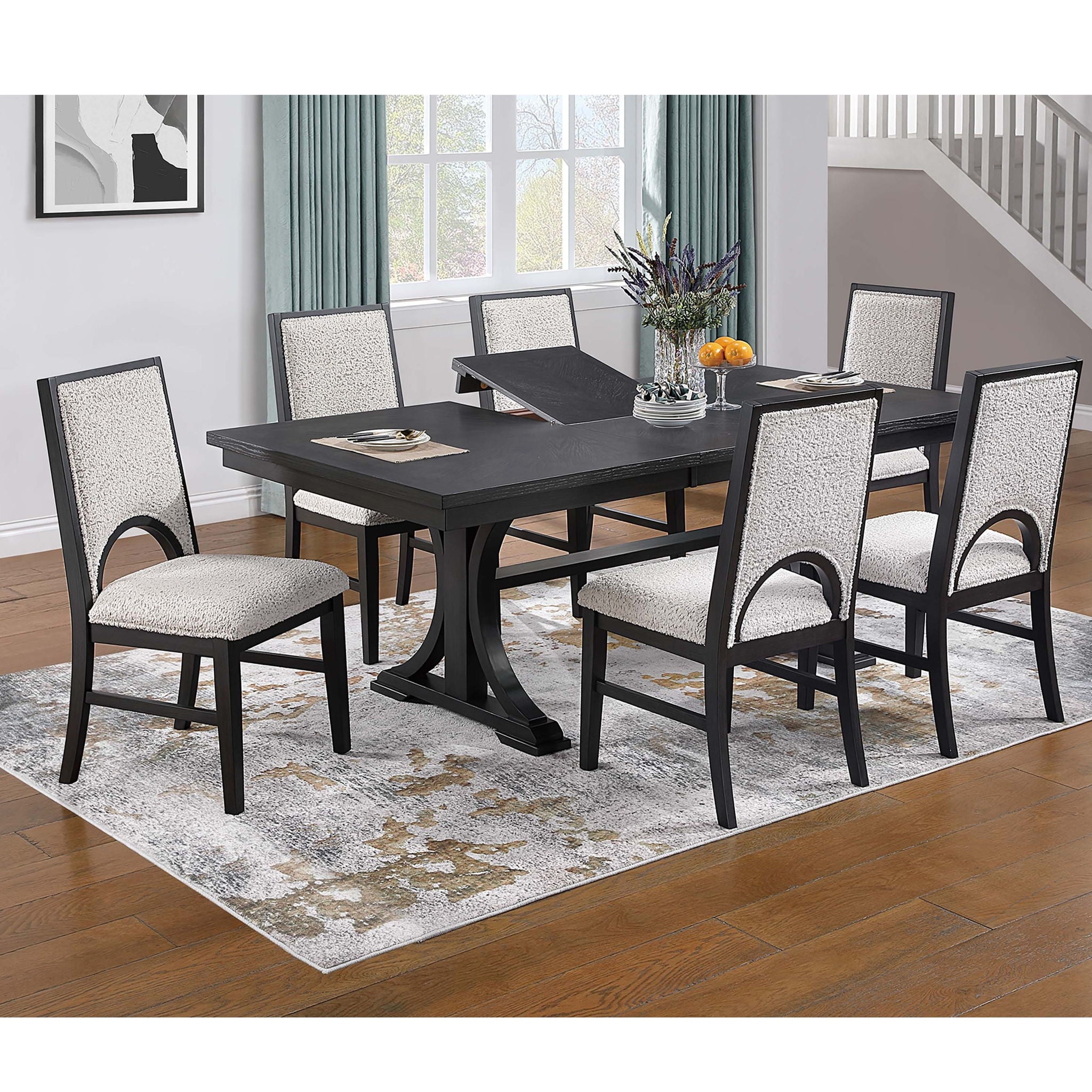 7 Piece Set, Trestle Dining Table And 6 Side Chairs With Cutout Back - Black / Charcoal / White