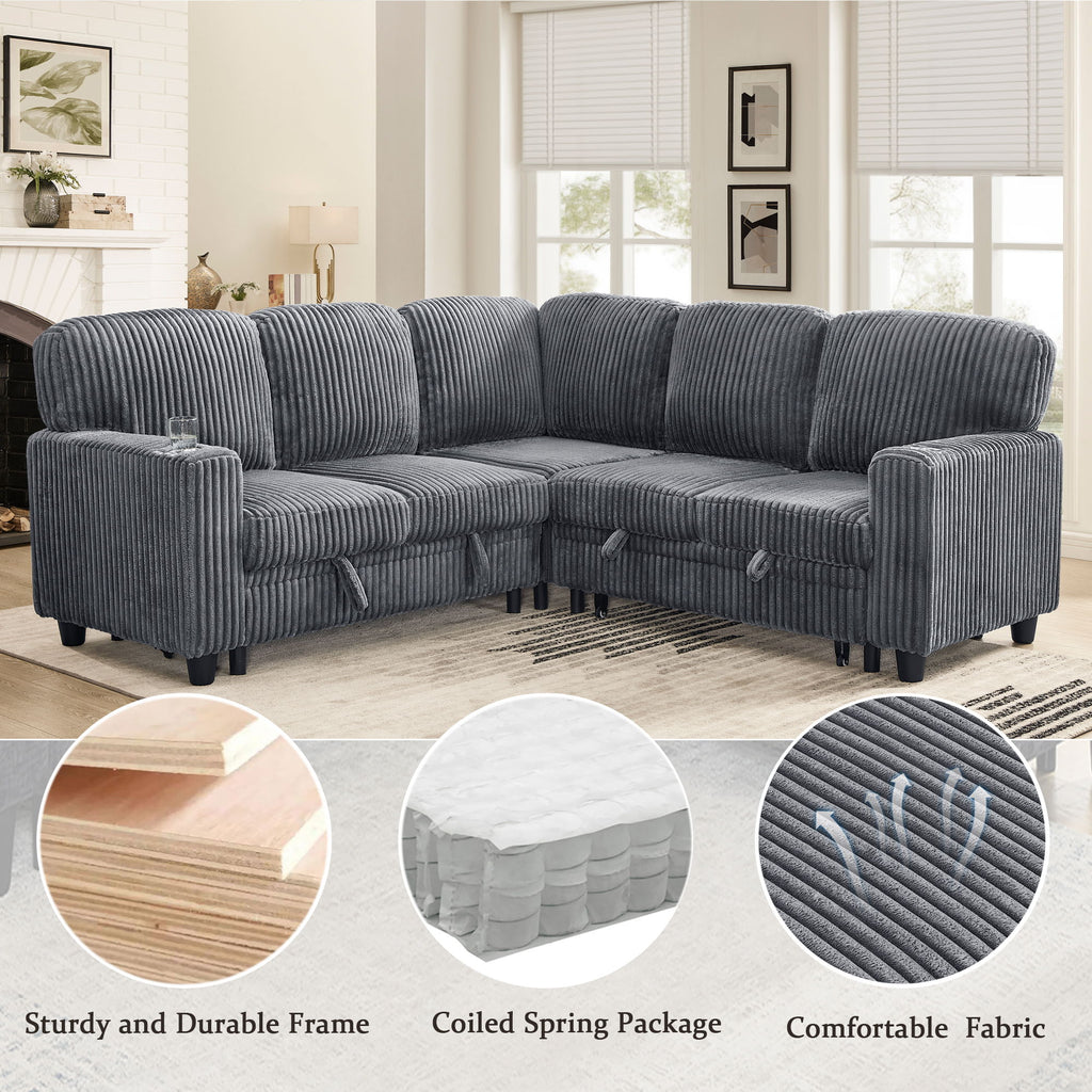 L-Shaped Sectional Sofa Bed With Pull Out Bed & Storage, 5 Seat Sleeper Couch With USB Charging For Living Room - Gray