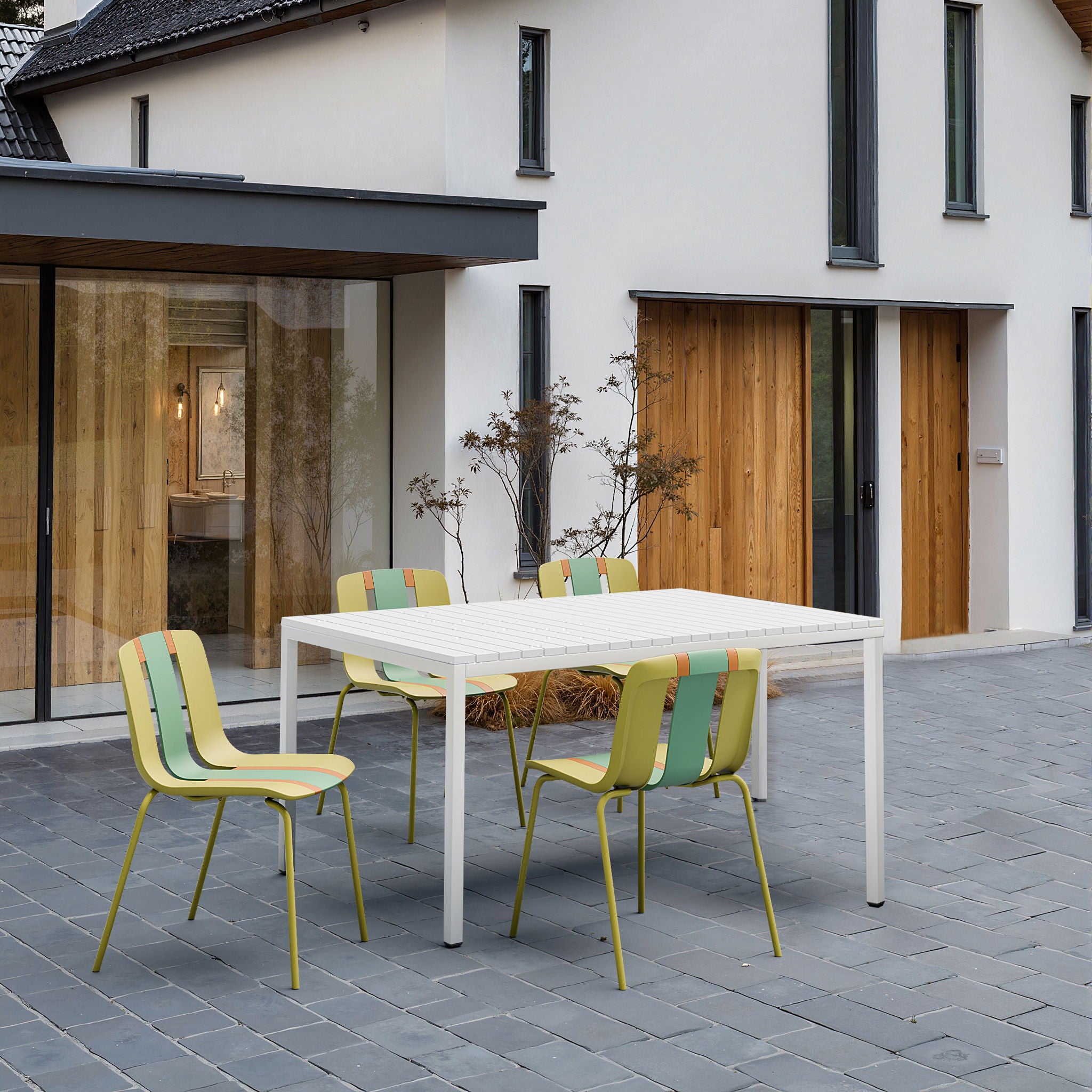4 Piece Set Of Striped Color Blocking Single Chairs & Long Table - Grain Yellow / Haze Green / Tropical Orange / White