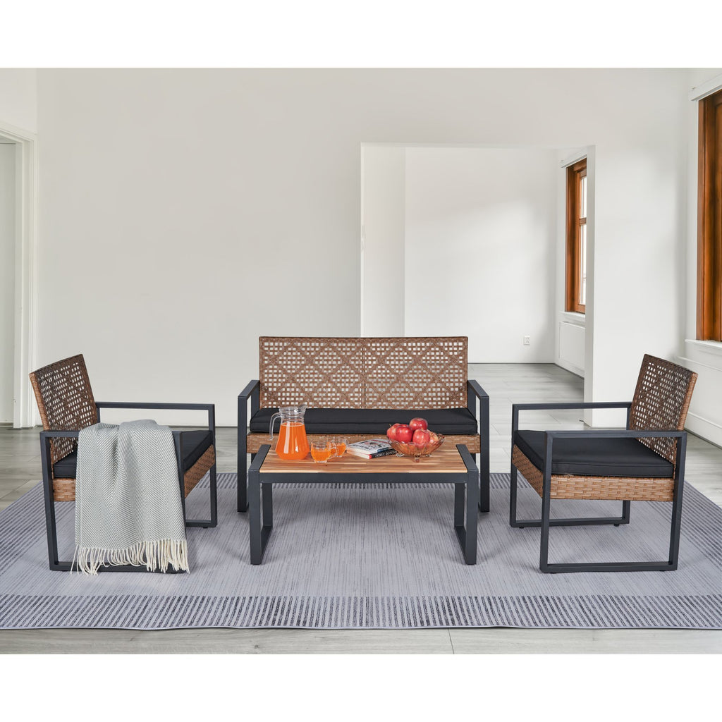 4 Piece Patio Furniture Set With Acacia Wood Table Top And Cushions