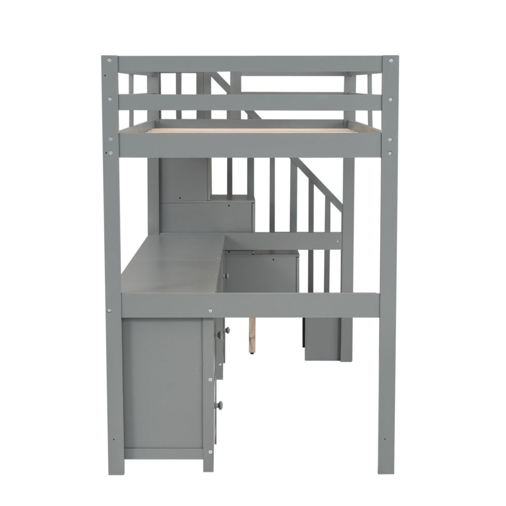 Loft Bed Frame With Built In Desk And Double Storage Drawers