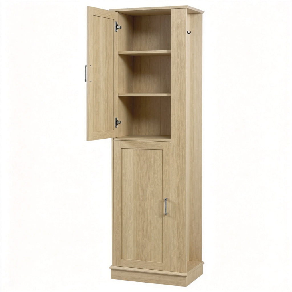 Tall Freestanding Bathroom Storage Cabinet With Adjustable Shelves And Side Hooks