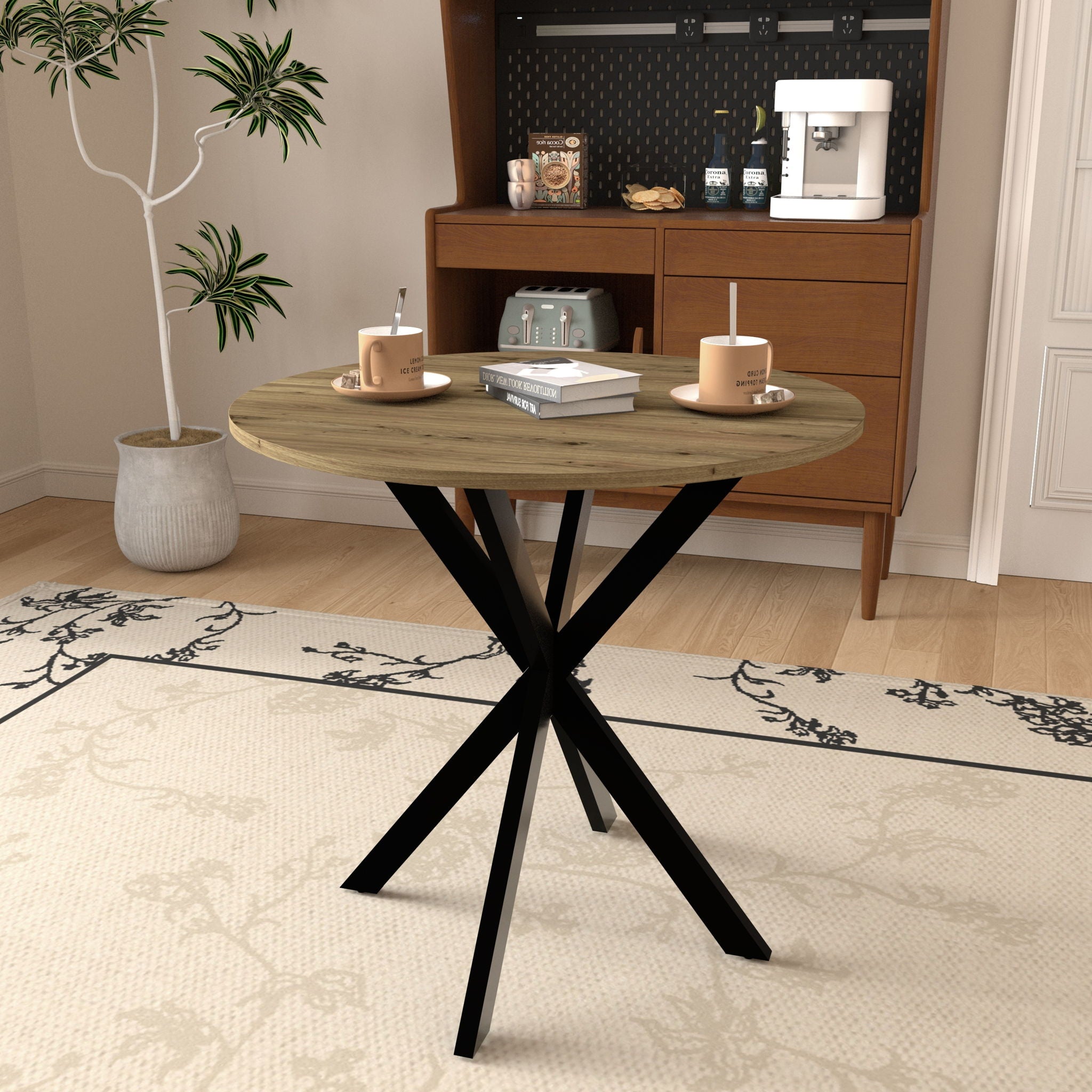 Round Dining Table For 2 - 4 People, Compact Kitchen Or Dining Room - Rustic Brown