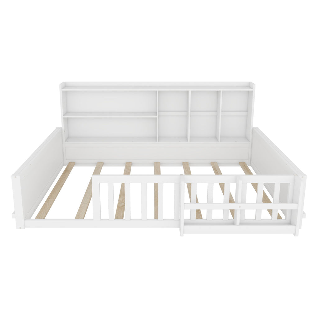 Platform Bed Frame With Guardrail, Storage Shelves & Bookshelf