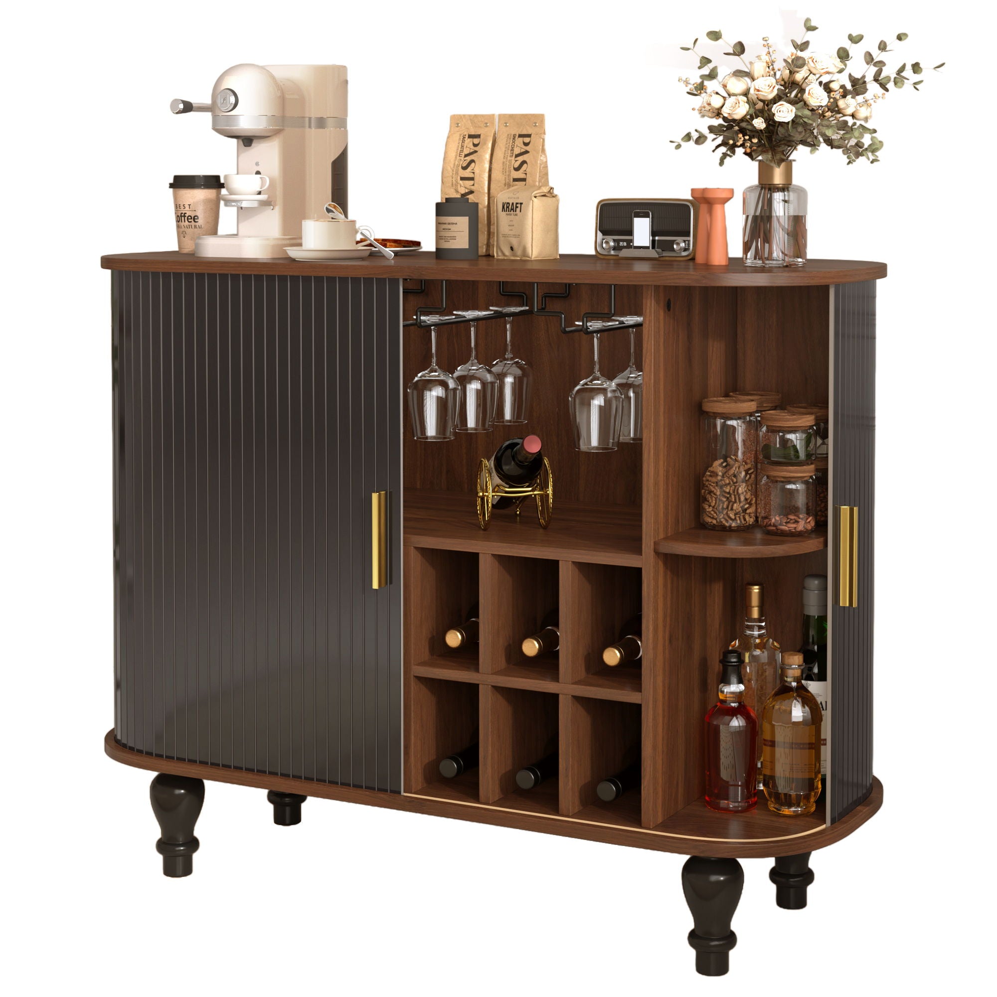 Fluted Liquor & Coffee Bar Cabinet With 6 Wine Racks And 3 Glass Holders