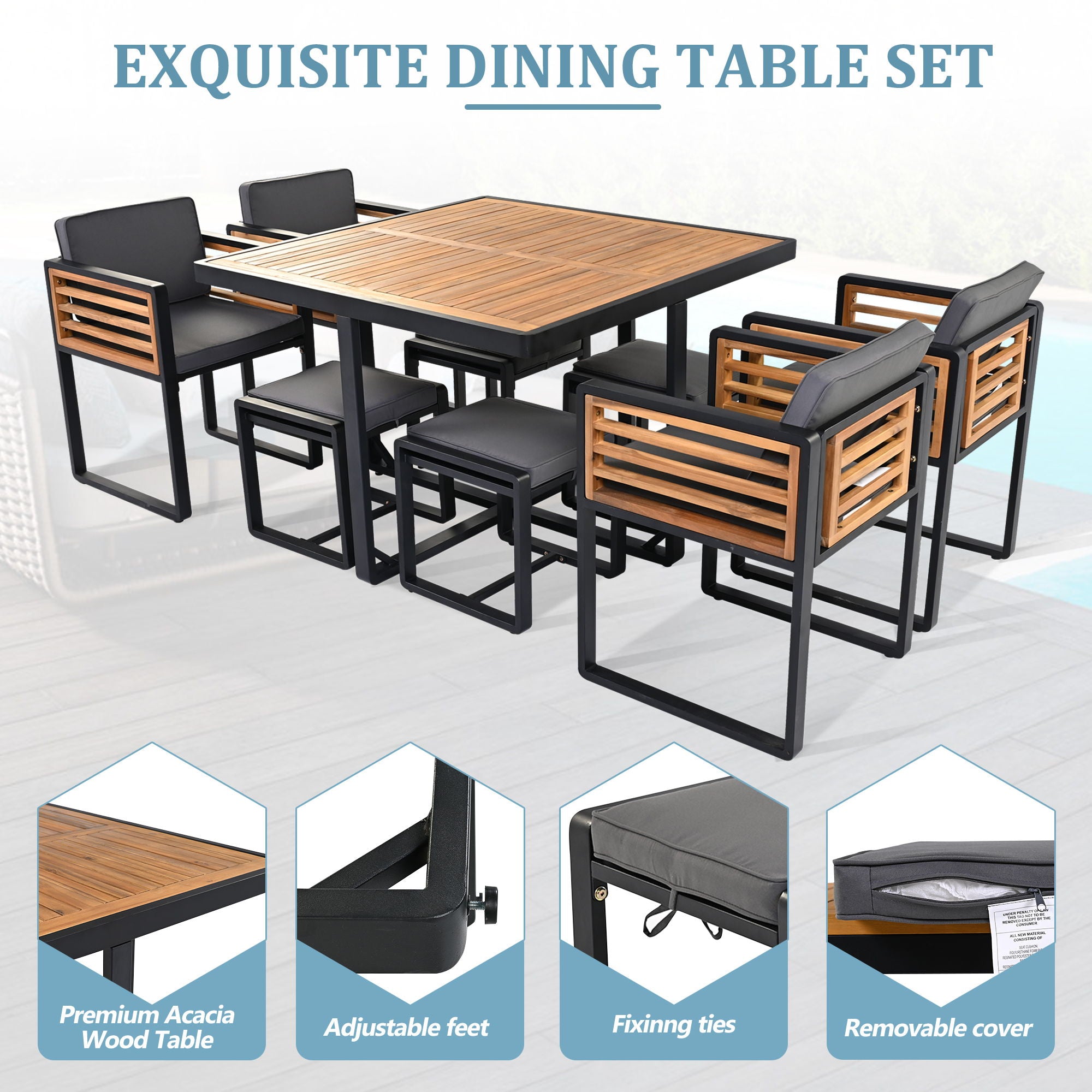 Acacia Wood Patio Dining Set, Cushioned Chairs & Ottomans Square Table