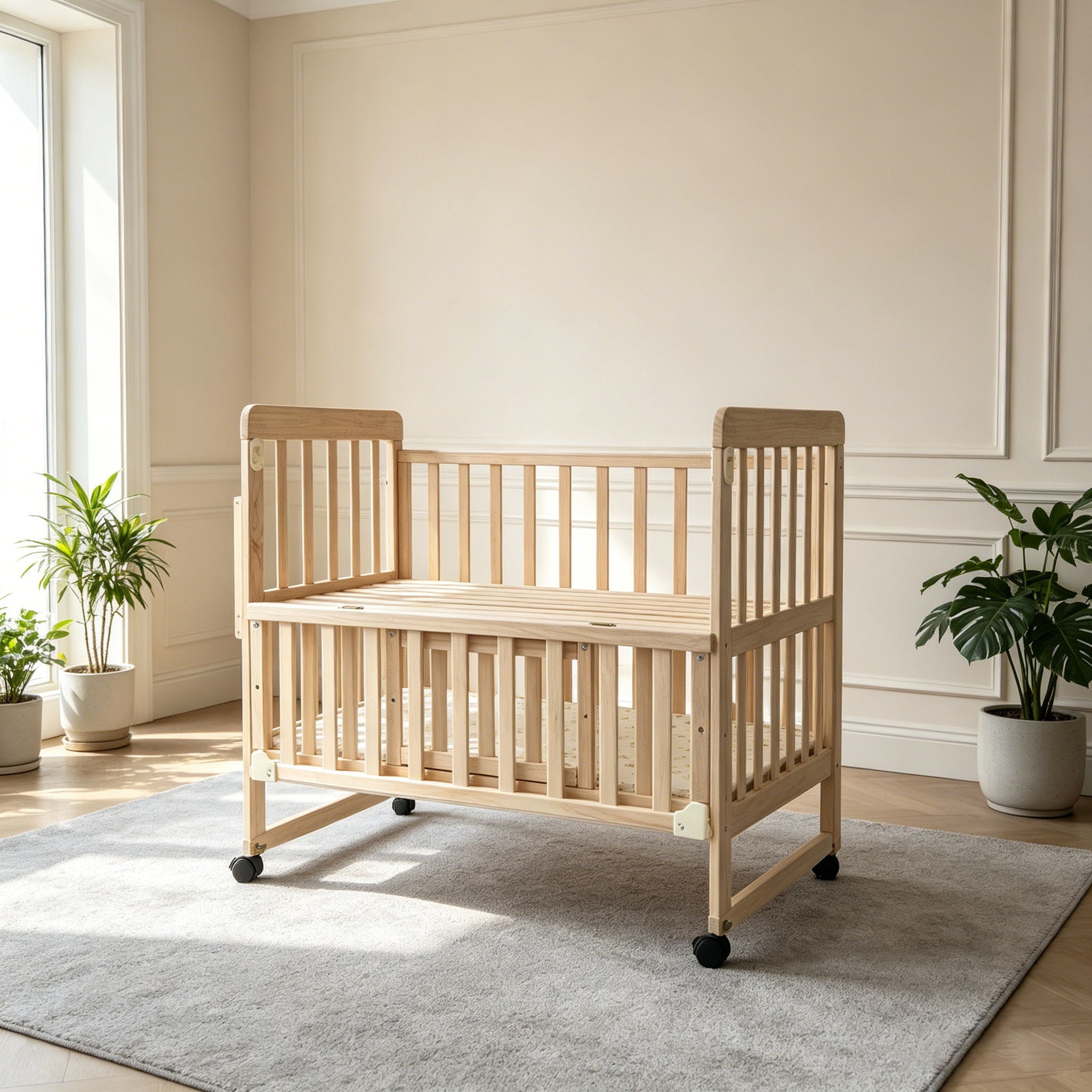 Portable Mini Baby Crib 5 In 1 Convertible With Foldable Storage - Natural Wood