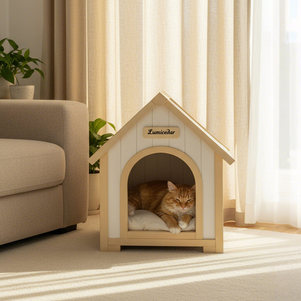 Indoor Dog House With Cushion Pet House For Small Dogs & Cats - Creamy White / Light Yellow