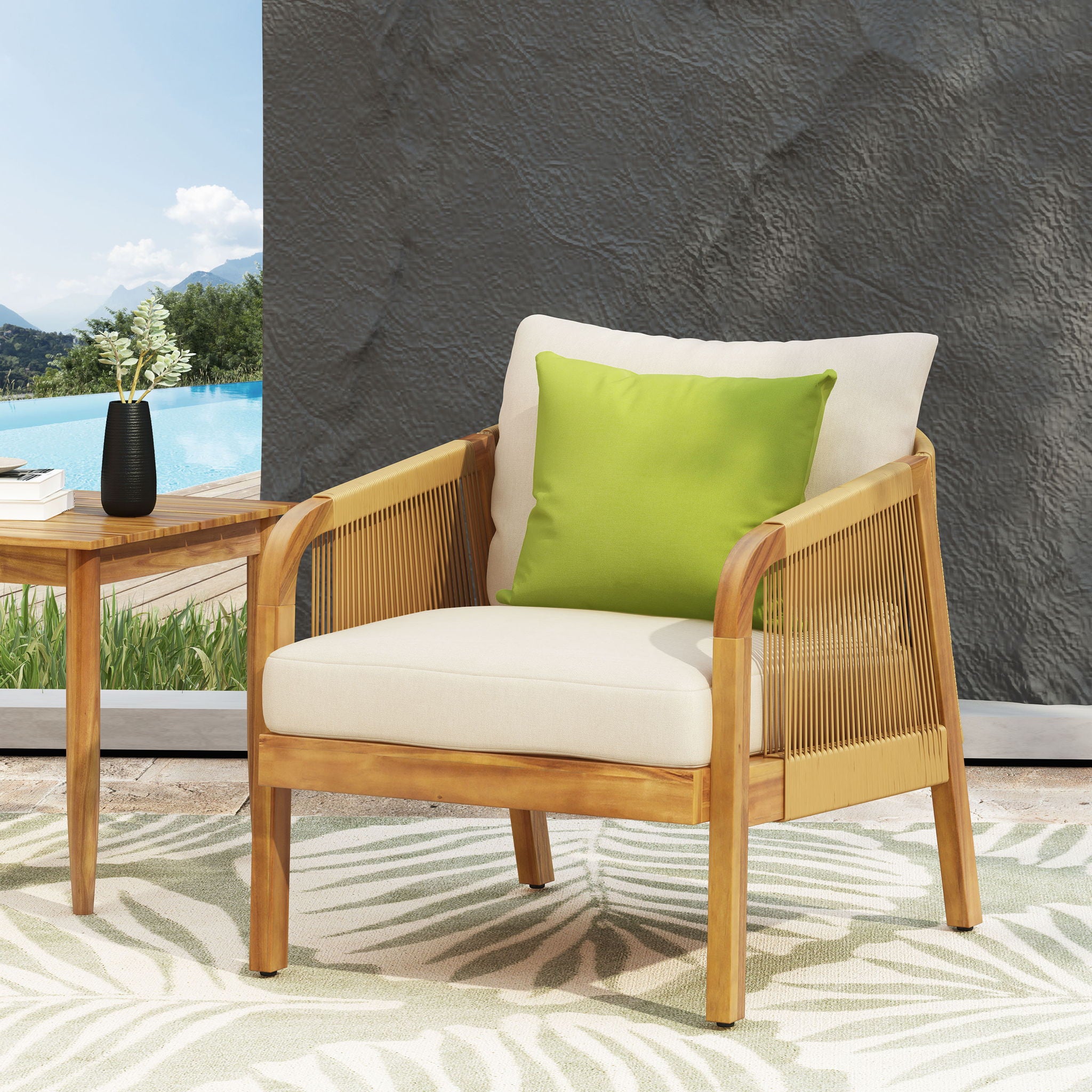 Acacia Wood And Wicker Outdoor Club Chair, Deep Seating With Soft Cushion, Porch Chairs For Garden, Backyard Porch Balcony - Brown / Beige