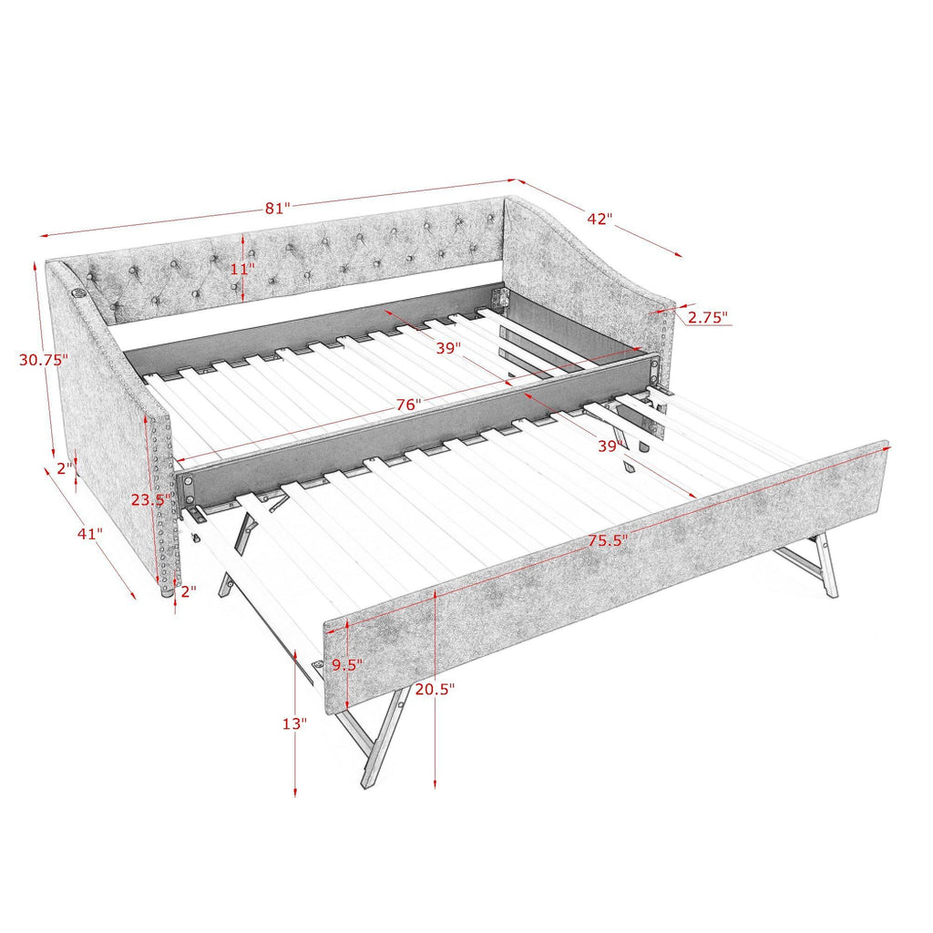 Upholstered Daybed With USB Charging & Pull Out Bed