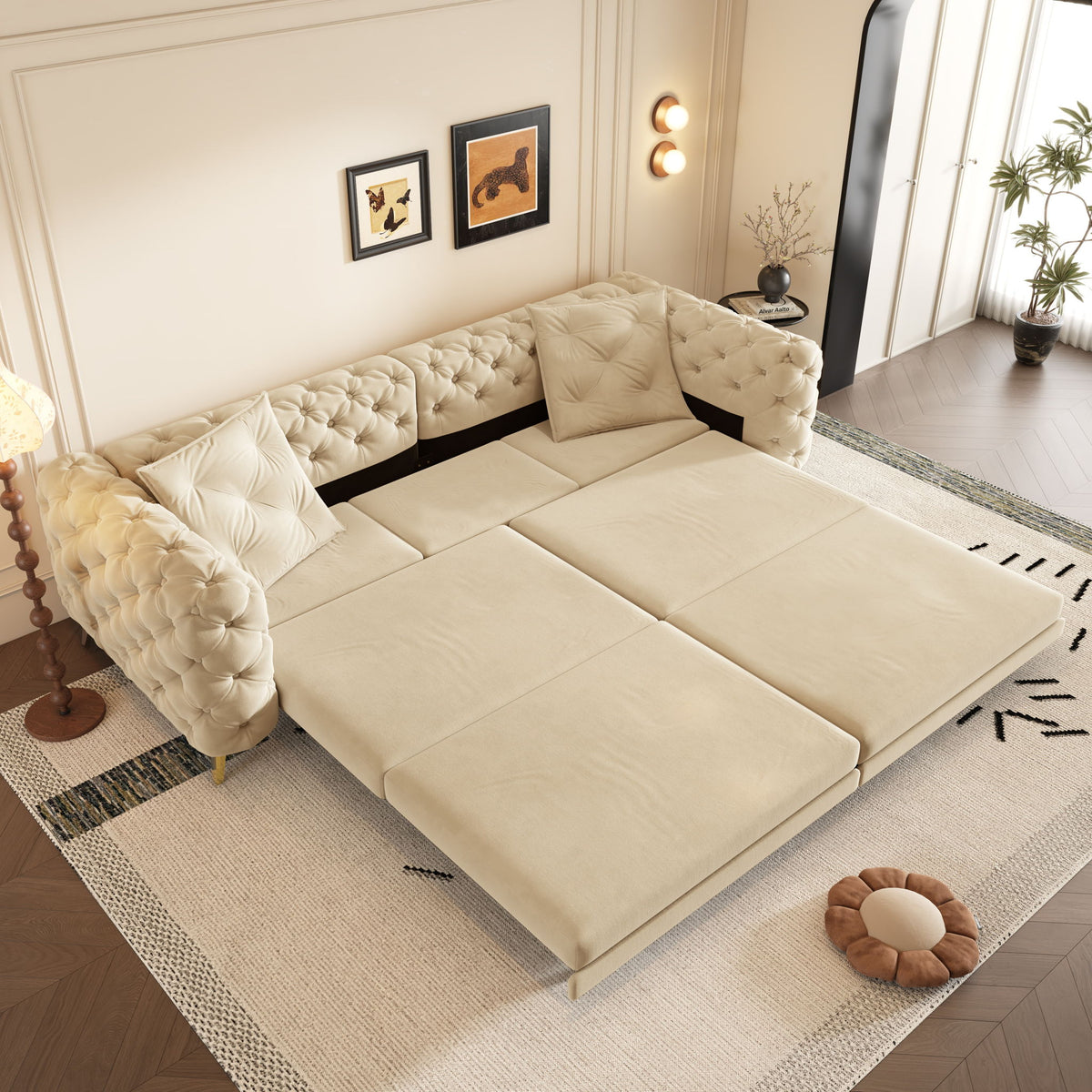 3 In 1 Convertible Sleeper Sofa, Pull Out Bed, Button Tufted, 4 Seater Couch With Movable Ottoman For Apartment - Apricot