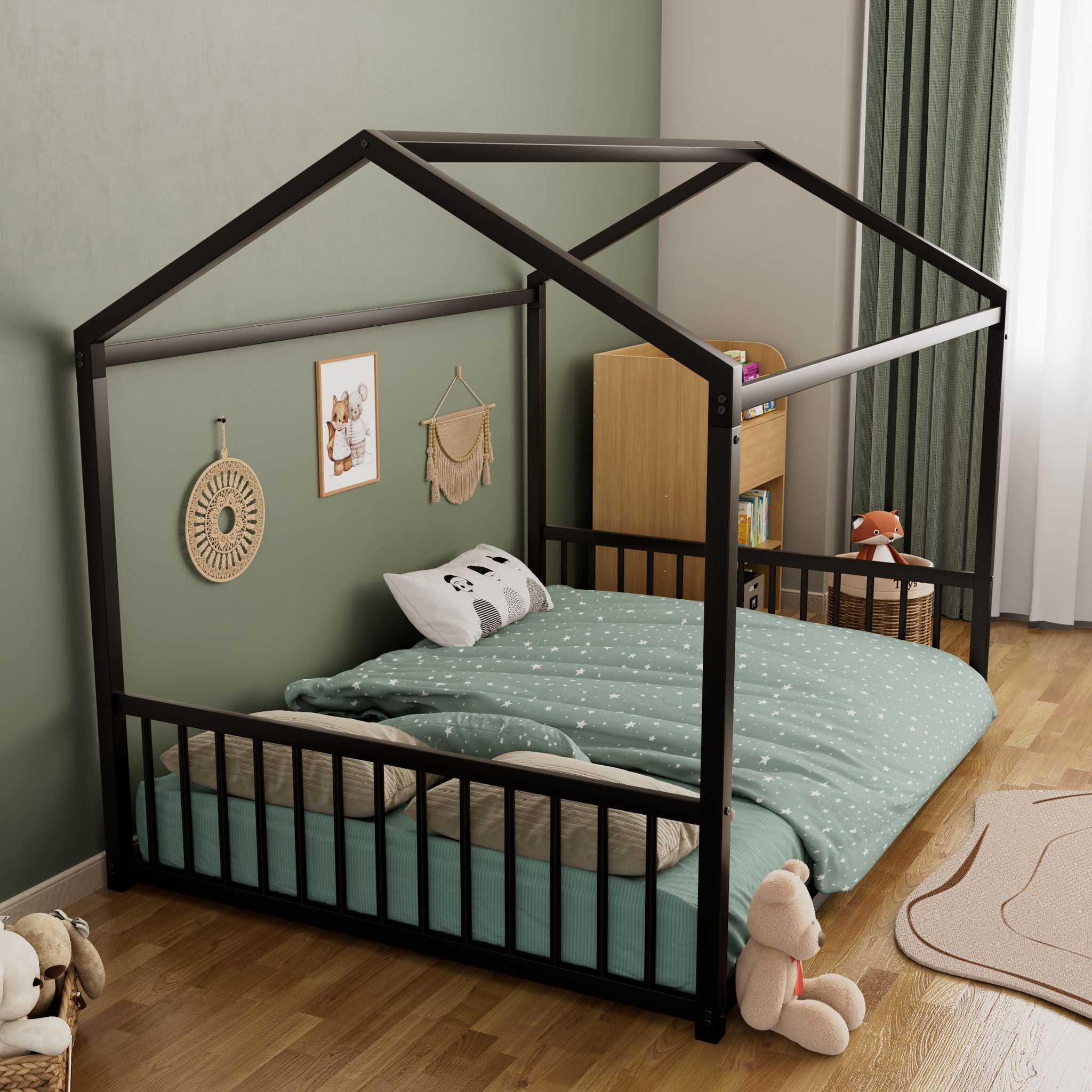 Montessori Style Floor House Shaped Bed With Safety Guardrails