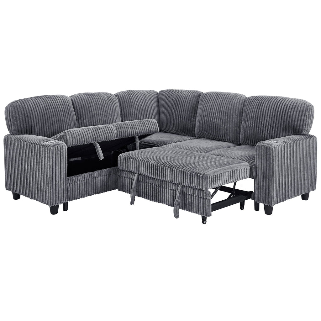 L-Shaped Sectional Sofa Bed With Pull Out Bed & Storage, 5 Seat Sleeper Couch With USB Charging For Living Room - Gray
