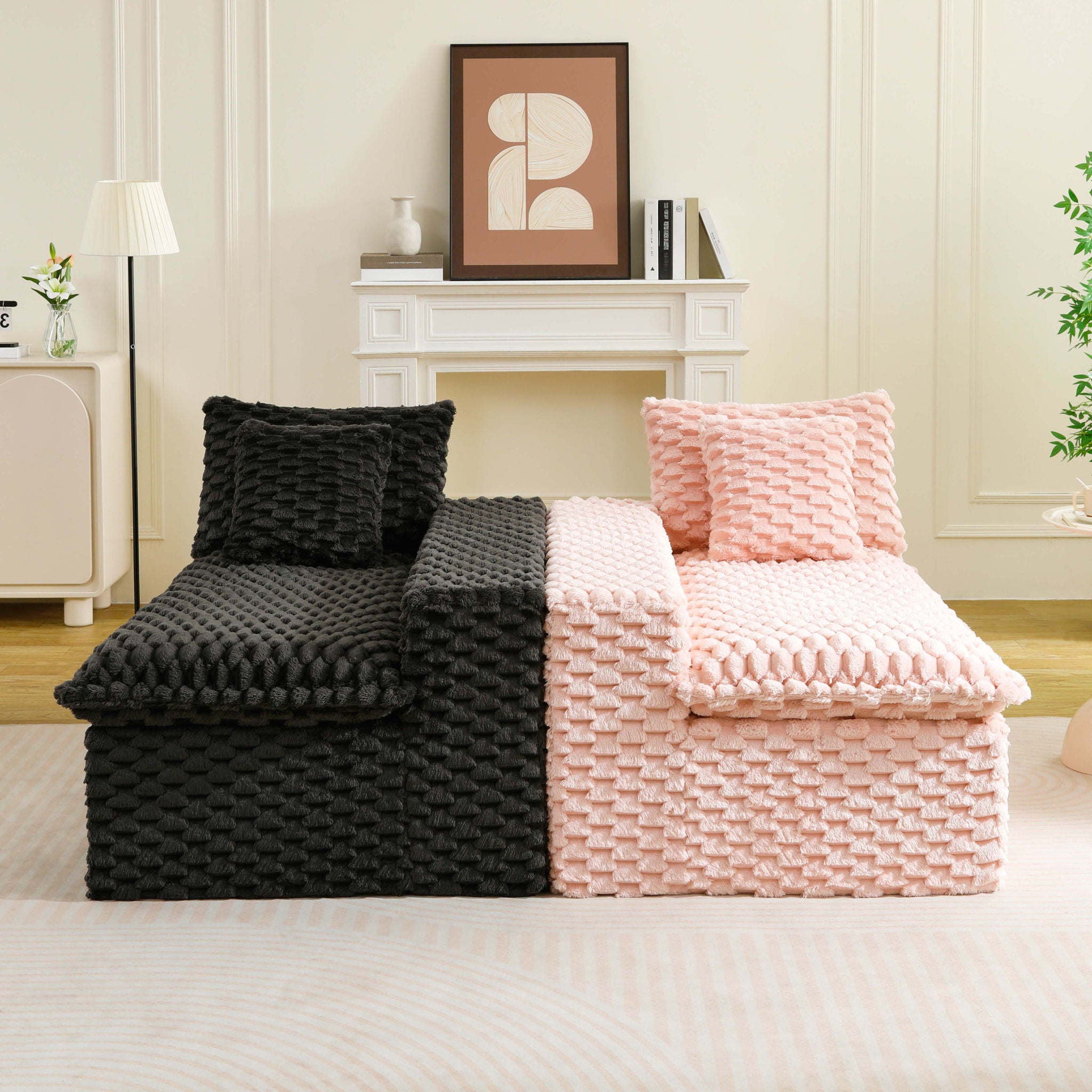 Multifunctional Sofa Pink Black, Fits 4 People